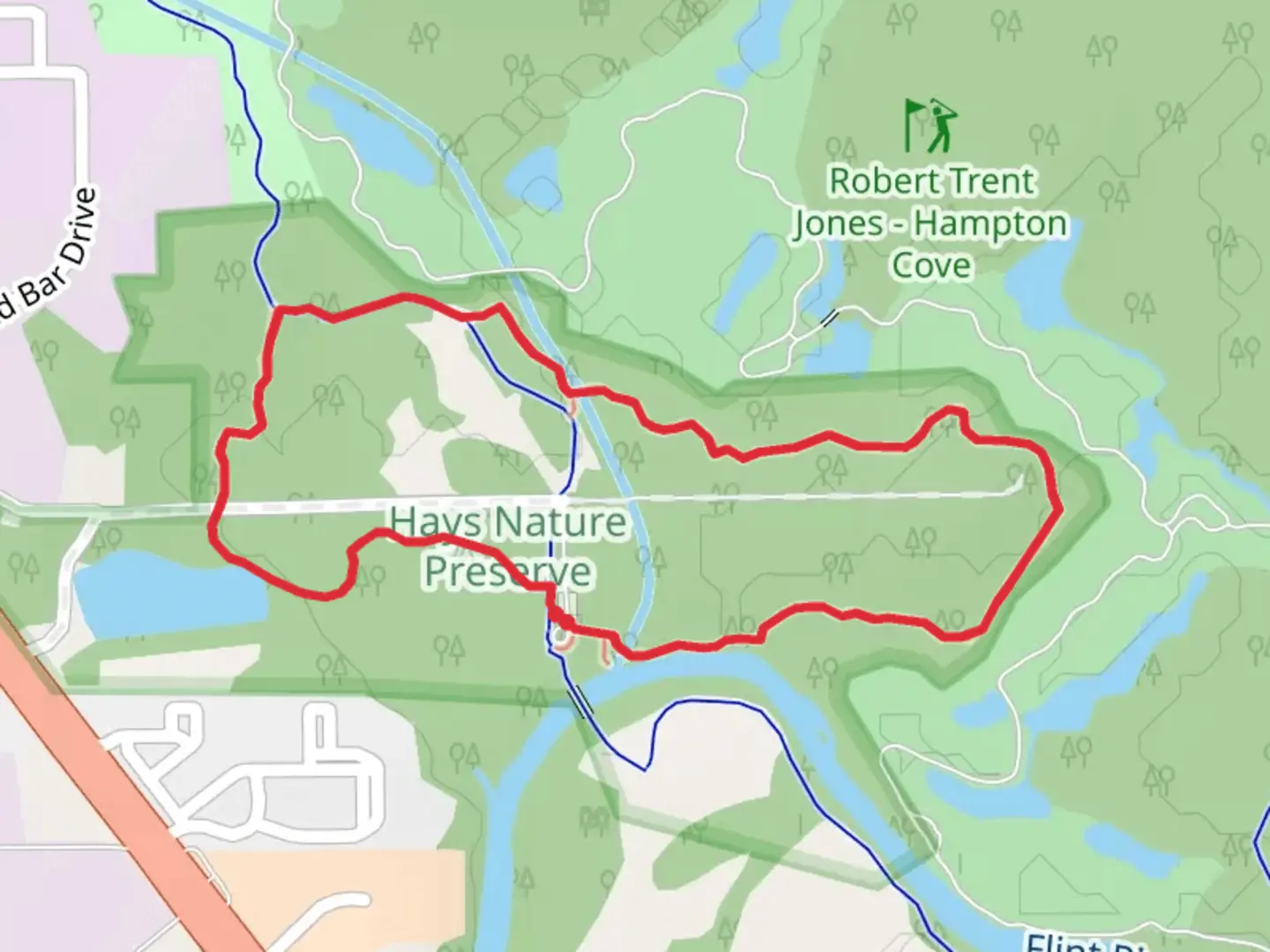 An image depicting the trail Flint River via Big Cove Greenway Loop and its surrounding area.