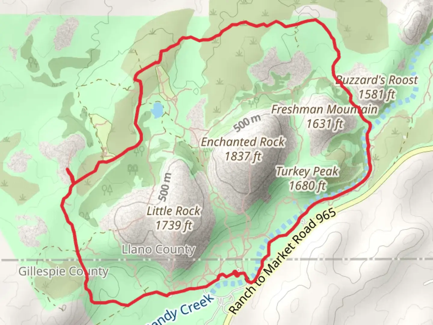 An image depicting the trail Moss Lake and Sandy Creek Loop and its surrounding area.