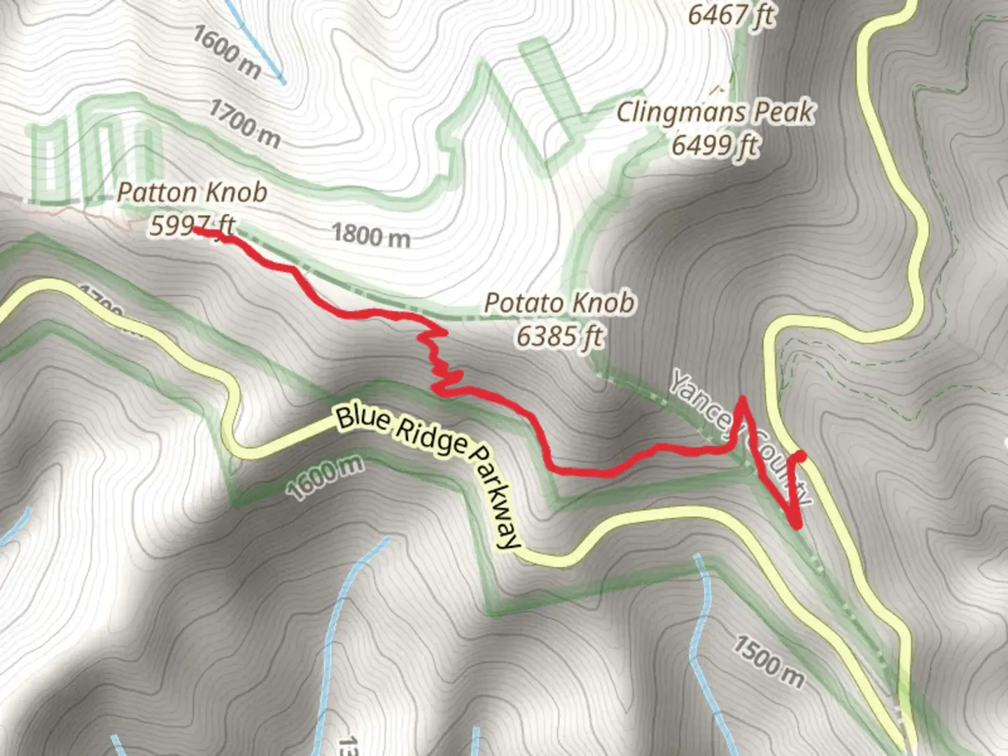 An image depicting the trail Potato Knob via Mountains-to-Sea Trail and its surrounding area.