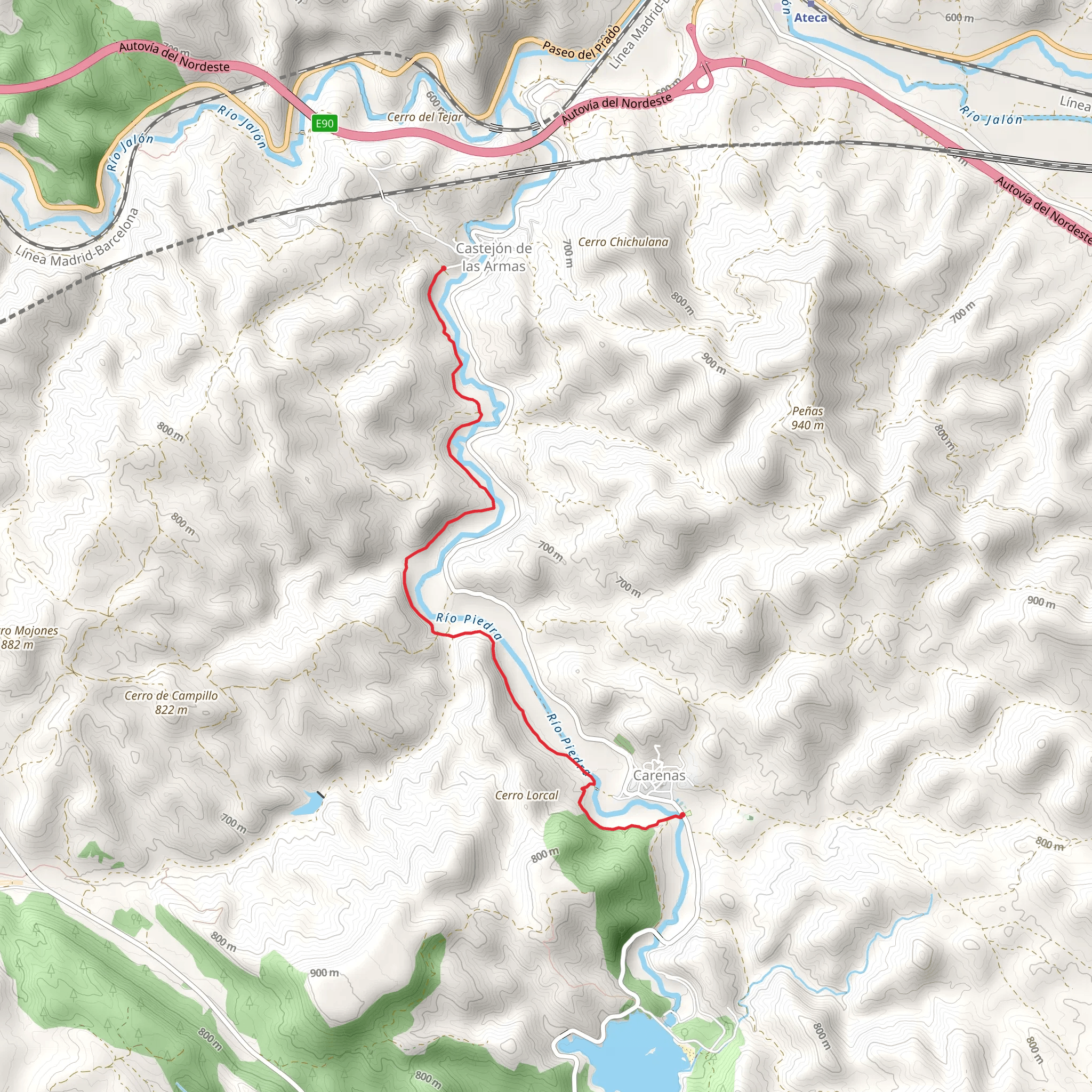 Route from Castejón de las Armas to Carenas by the Piedra River SL Z 10 mobile static map