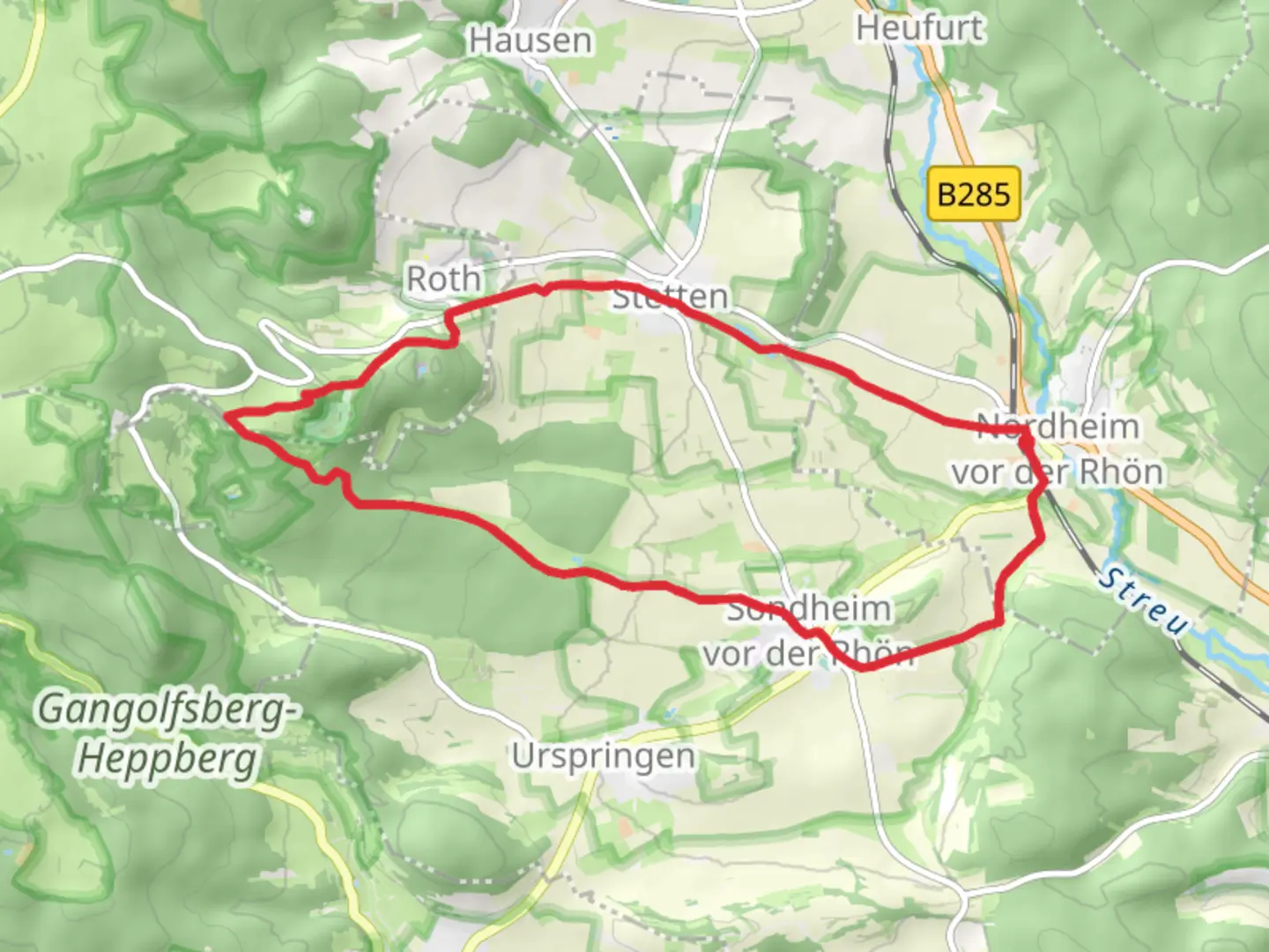 An image depicting the trail Nordheim vor der Rhon and Roth Loop and its surrounding area.