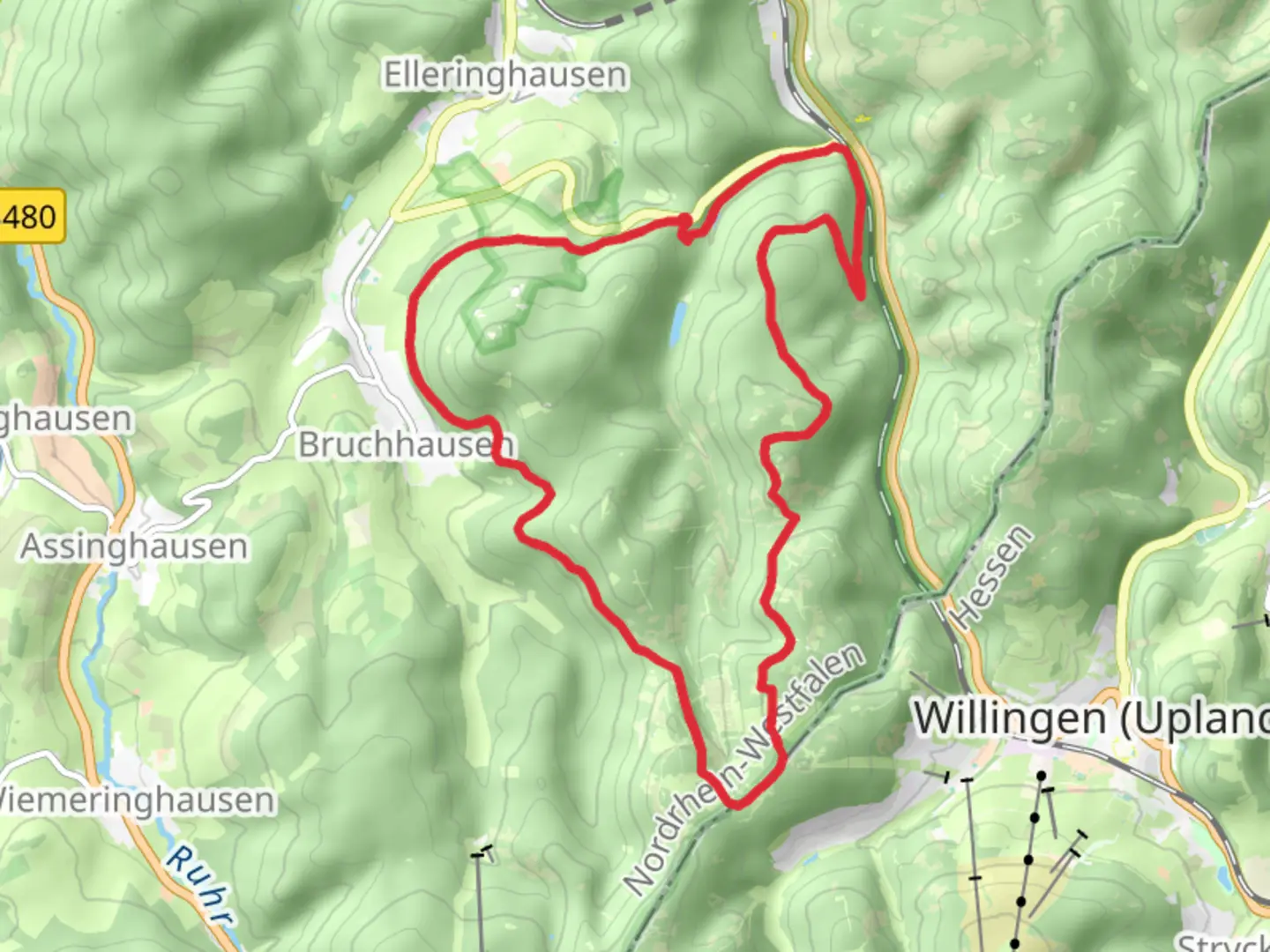 An image depicting the trail Rehkopf, Grober Kluskopf and Bruchhausen Loop and its surrounding area.