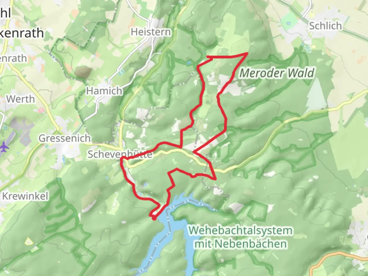 An image depicting the trail Wehebachtalsperre and Meroder Wald Loop and its surrounding area.