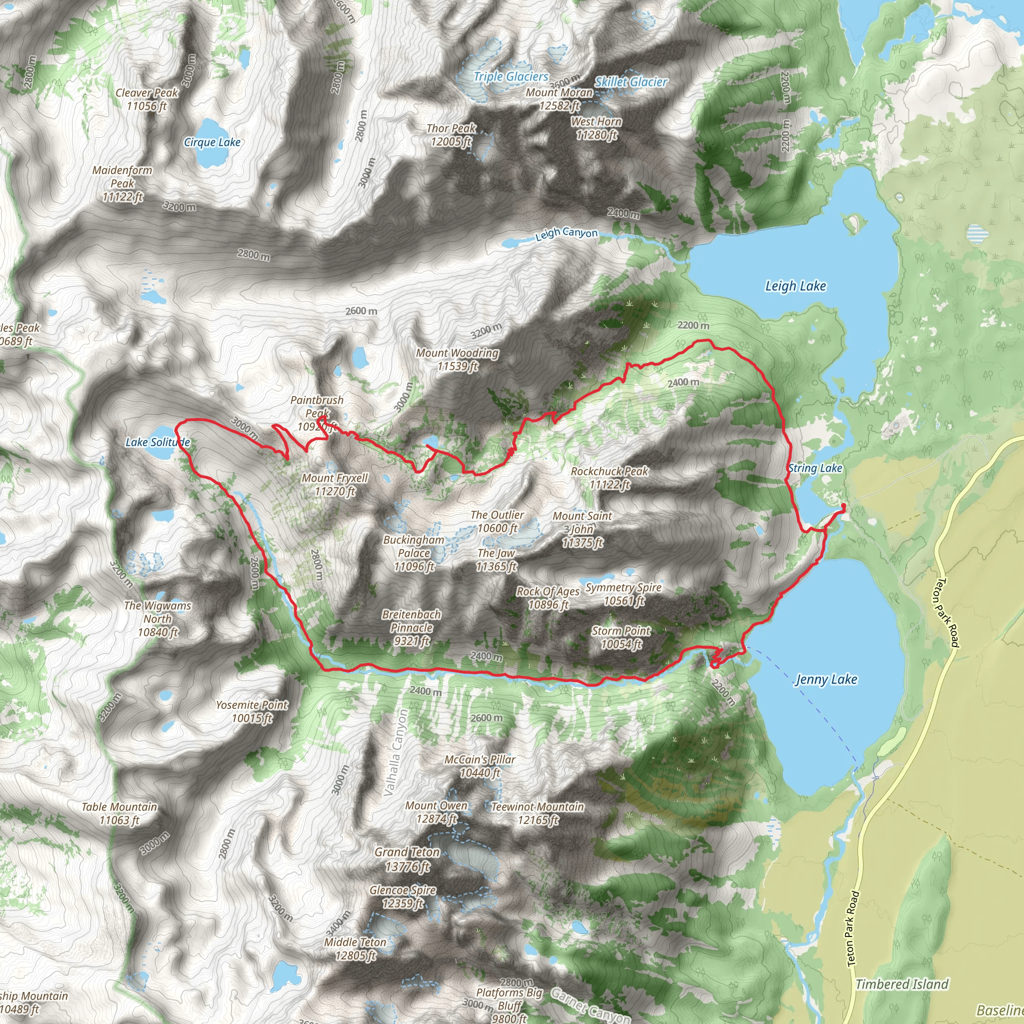 Holly Lake, Paintbrush Divide, Lake Solitude and Jenny Lake Loop Trail mobile static map