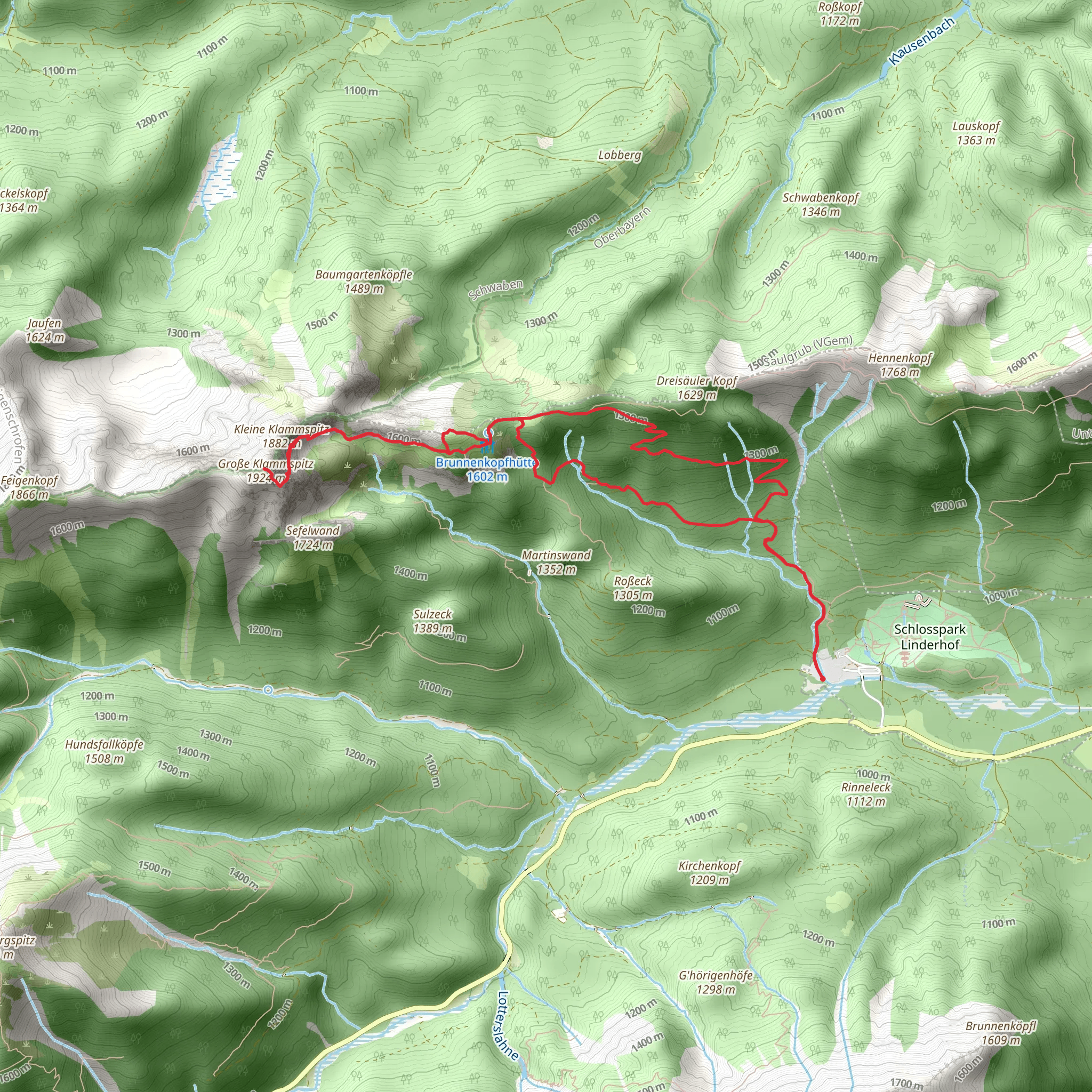 Brunnenkopf and Große Klammspitz Loop from Schloss Linderhof mobile static map