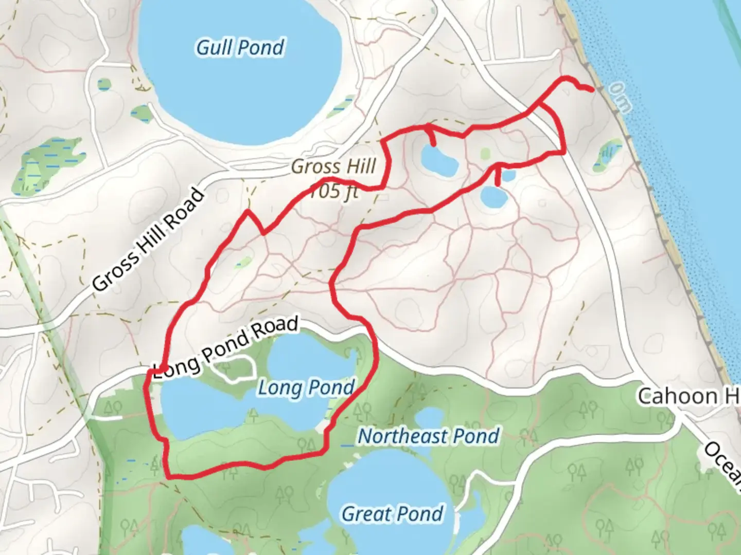 An image depicting the trail Gross Hill, Kinnacum Pond and Spectacle Pond Loop via Long Pond and its surrounding area.