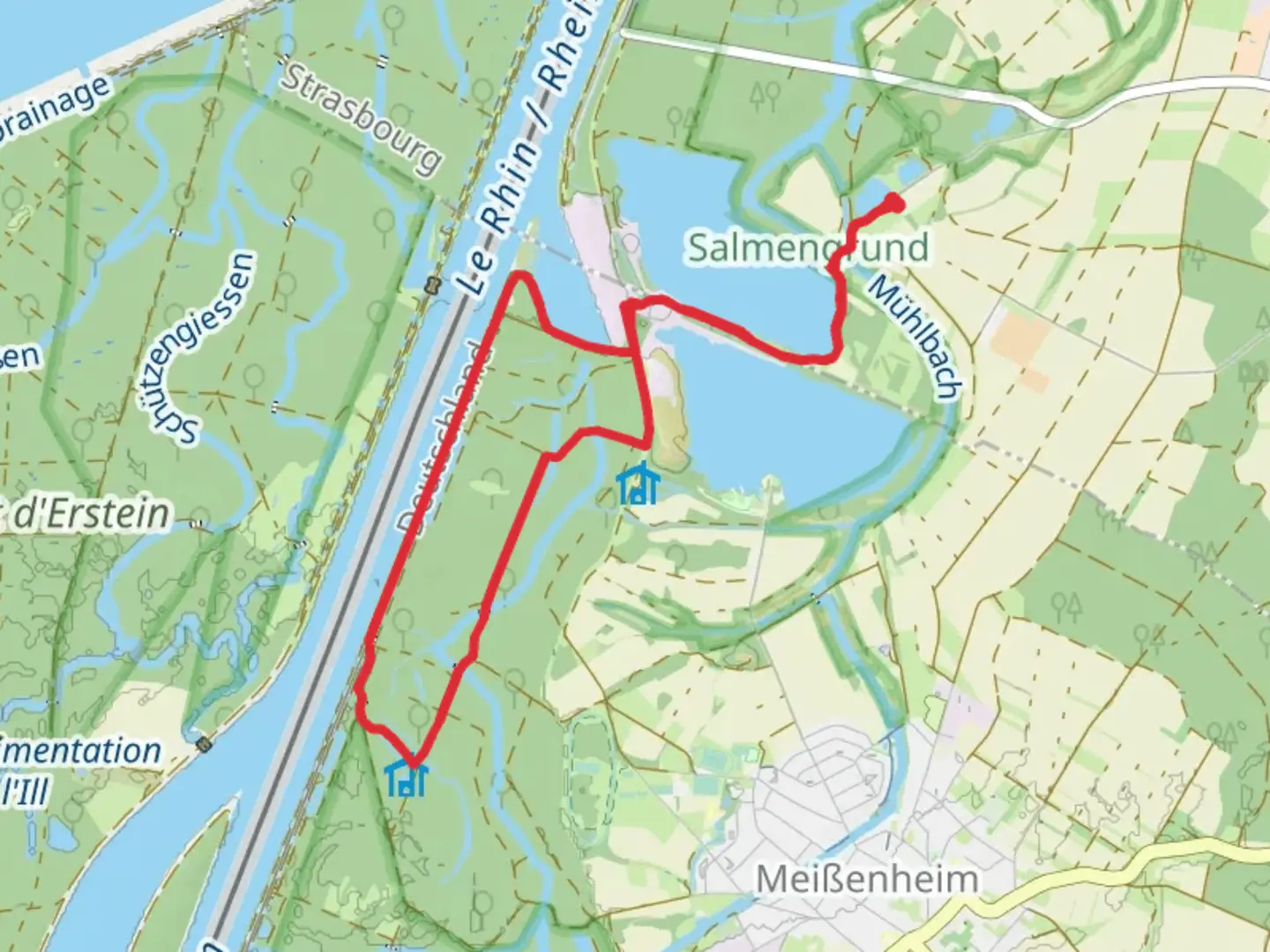 An image depicting the trail Vältinsschollensee and Le Rhin Loop and its surrounding area.