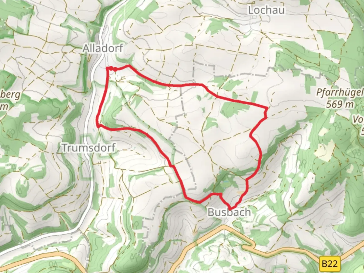 An image depicting the trail Kuckuckswege runs um Busbach and its surrounding area.