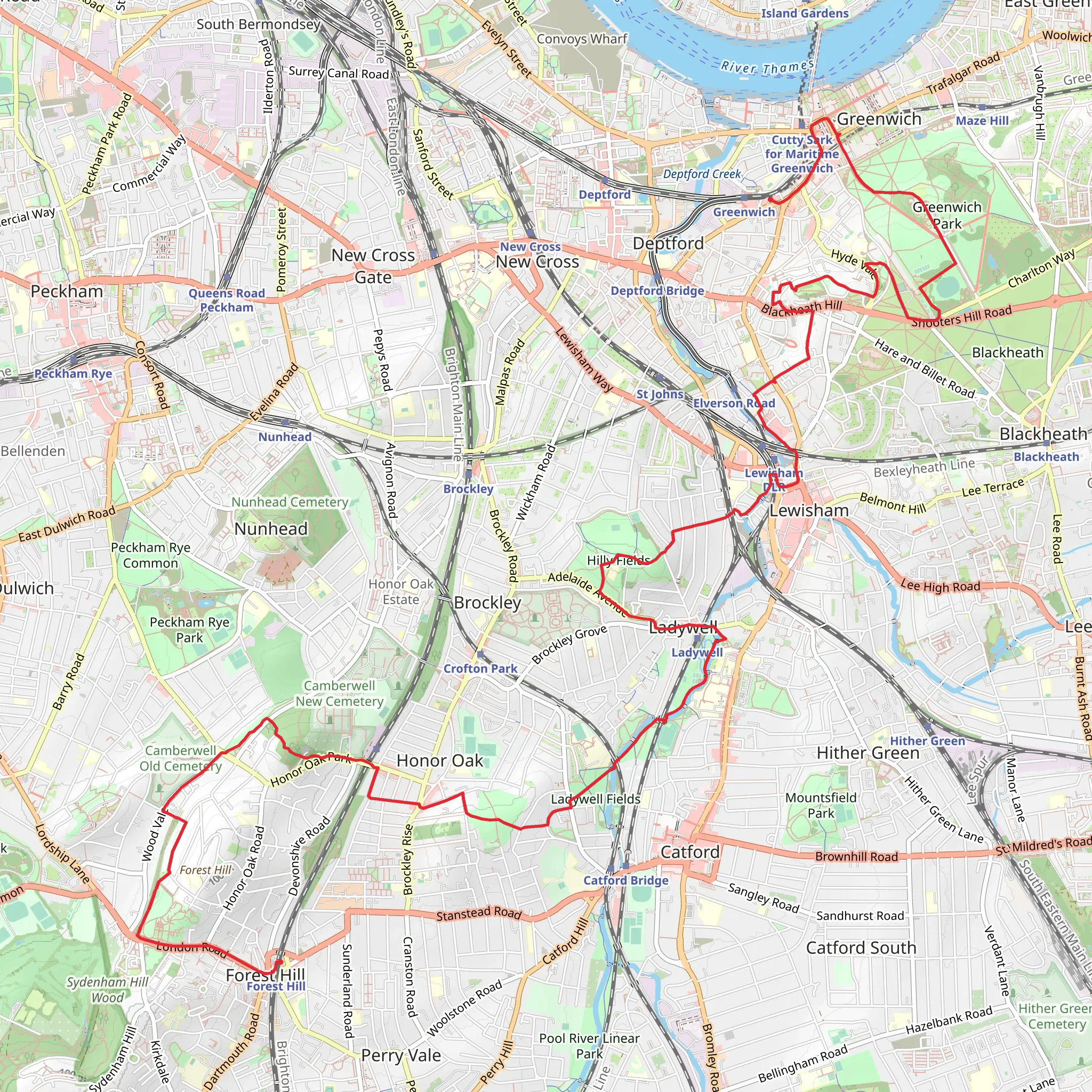 Greenwich to Forest Hill Station via Greenwich Park and One Tree Hill mobile static map