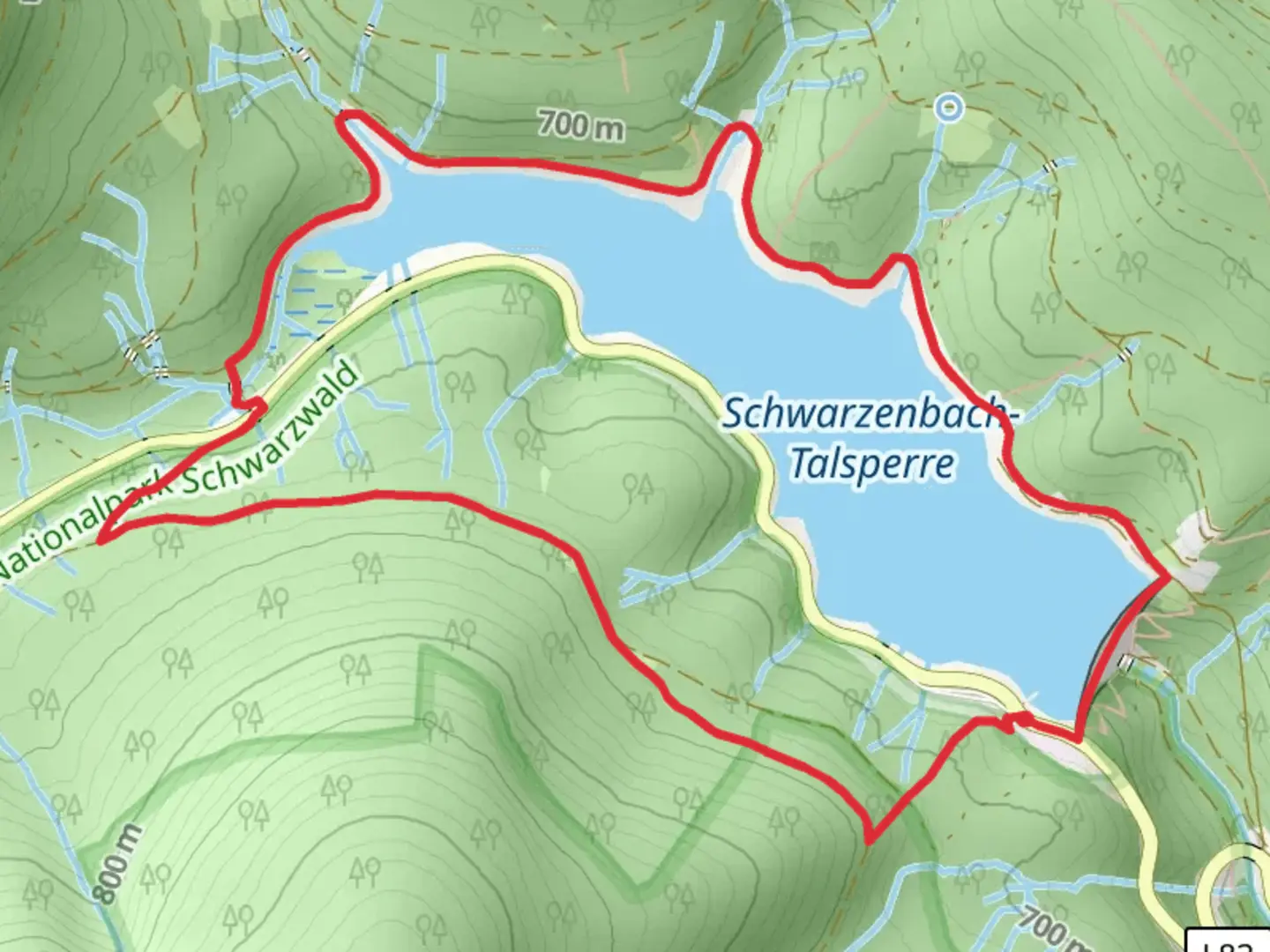 An image depicting the trail Schwarzenbach - Talsperre Loop and its surrounding area.