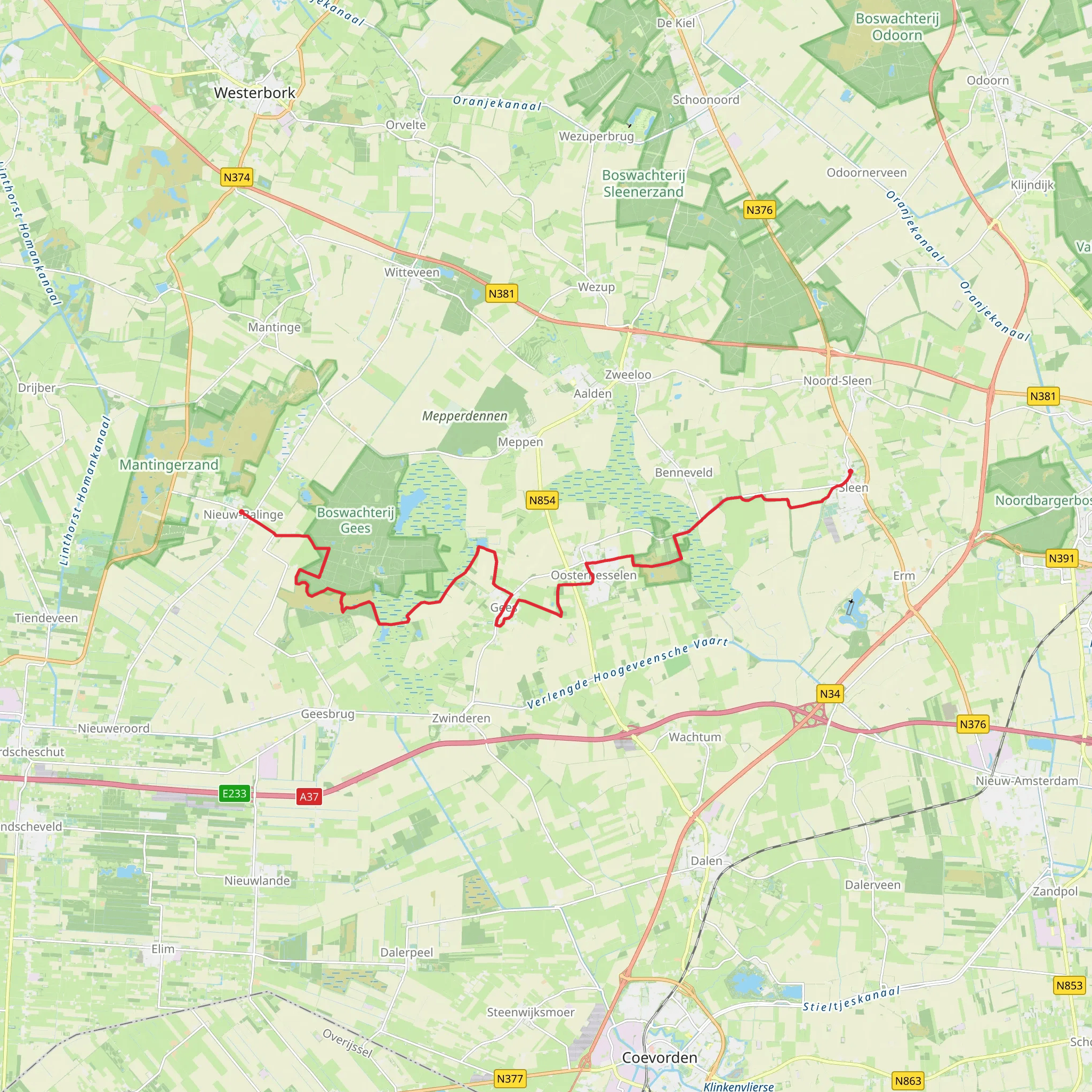 Nieuw Balinge to Sleen via Boswachterij Gees mobile static map