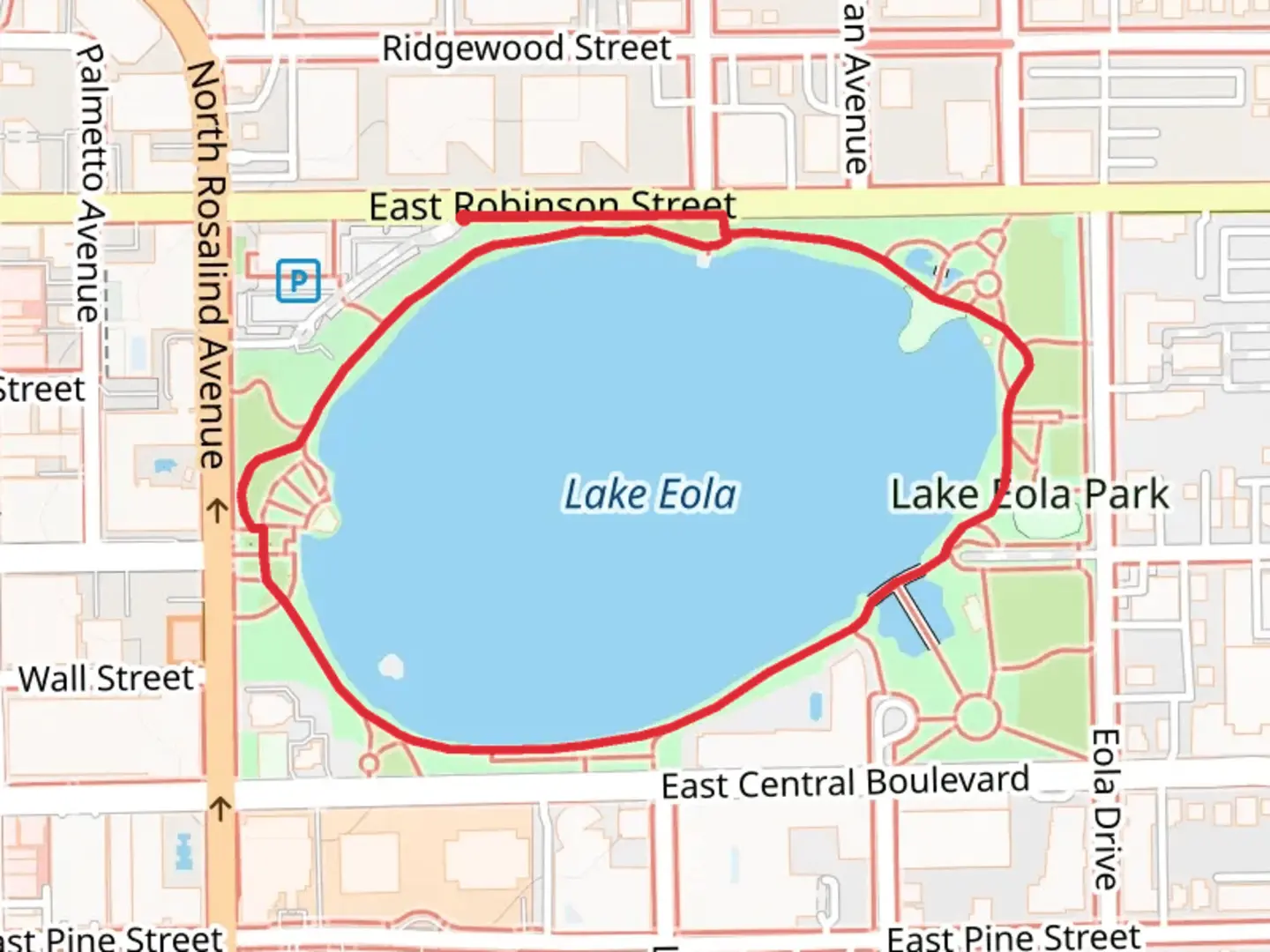 An image depicting the trail Lake Eola Loop and its surrounding area.