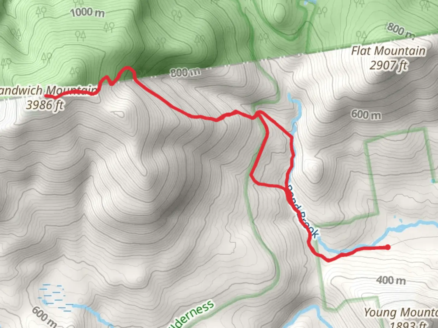 An image depicting the trail Sandwich Mountain via Flat Mountain Pond Trail and its surrounding area.