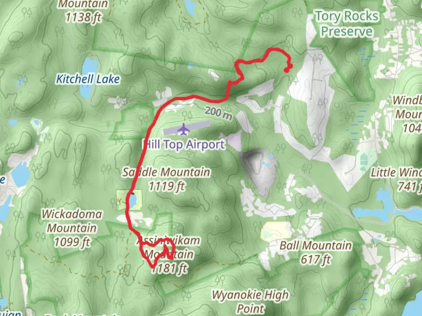 An image depicting the trail Boy Scout Trail and Assiniwikam Mountain via Camp Wyanokie Trail and its surrounding area.