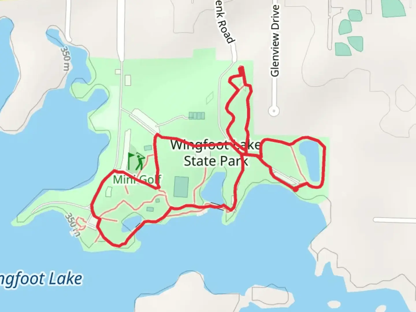 An image depicting the trail Wingfoot Lake State Park Loop and its surrounding area.