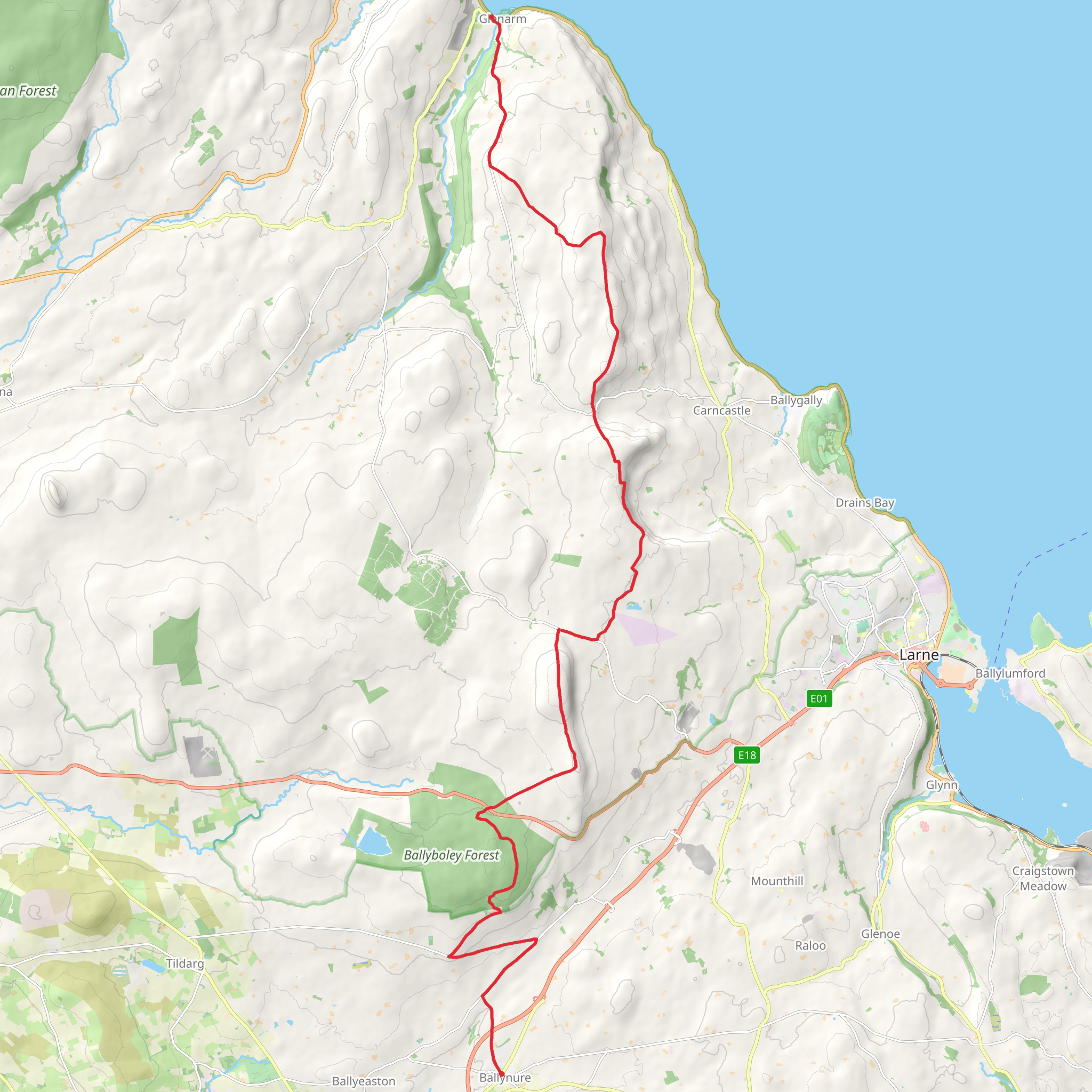 Glenarm to Ballynure via Antrim Hills Way mobile static map
