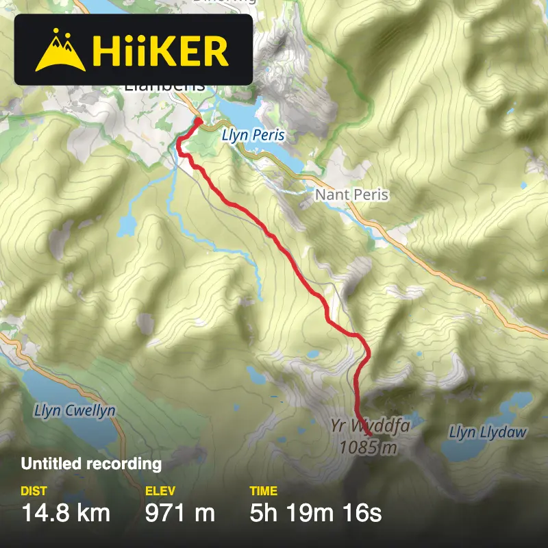 A map preview of the recording Snowdon by the Llanberis Path.