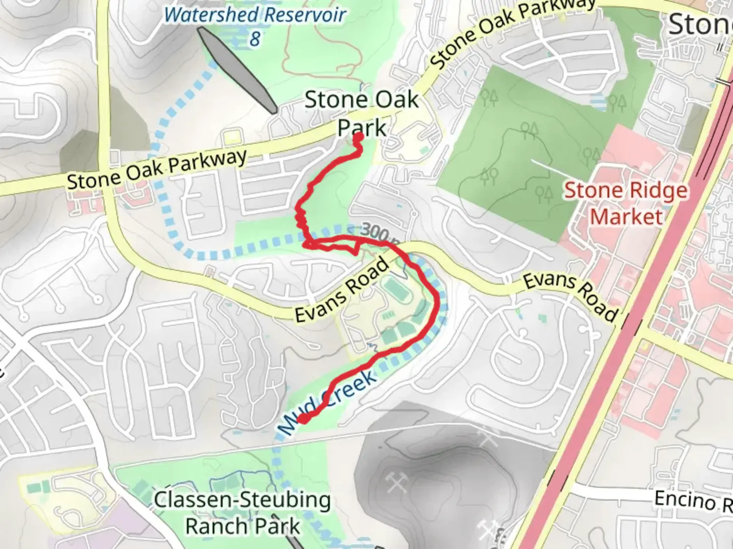 An image depicting the trail Mud Creek via Stone Oak South Trail and its surrounding area.