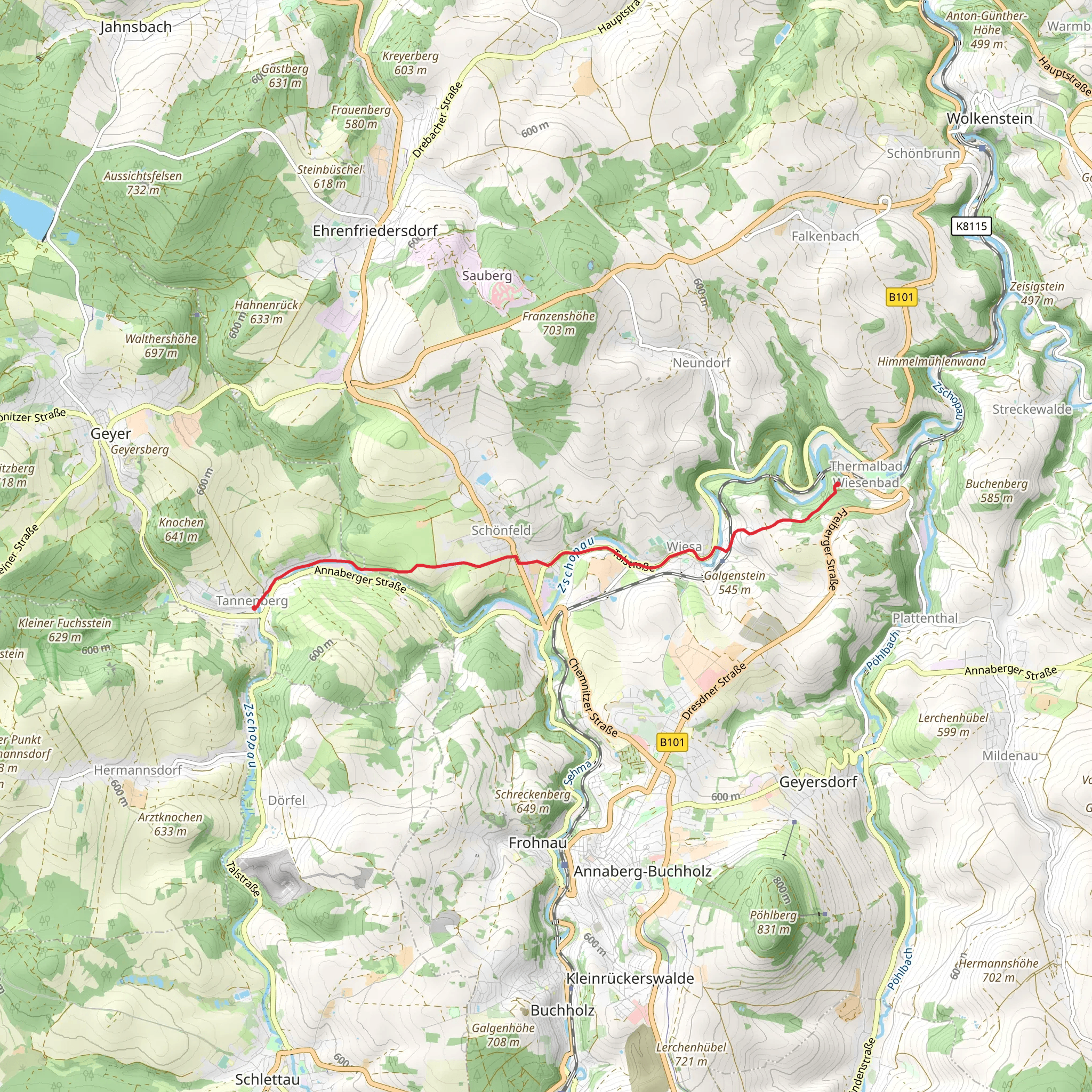 Tannenberg to Thermalbad Wiesenbad via Untere Dorfstrasse mobile static map