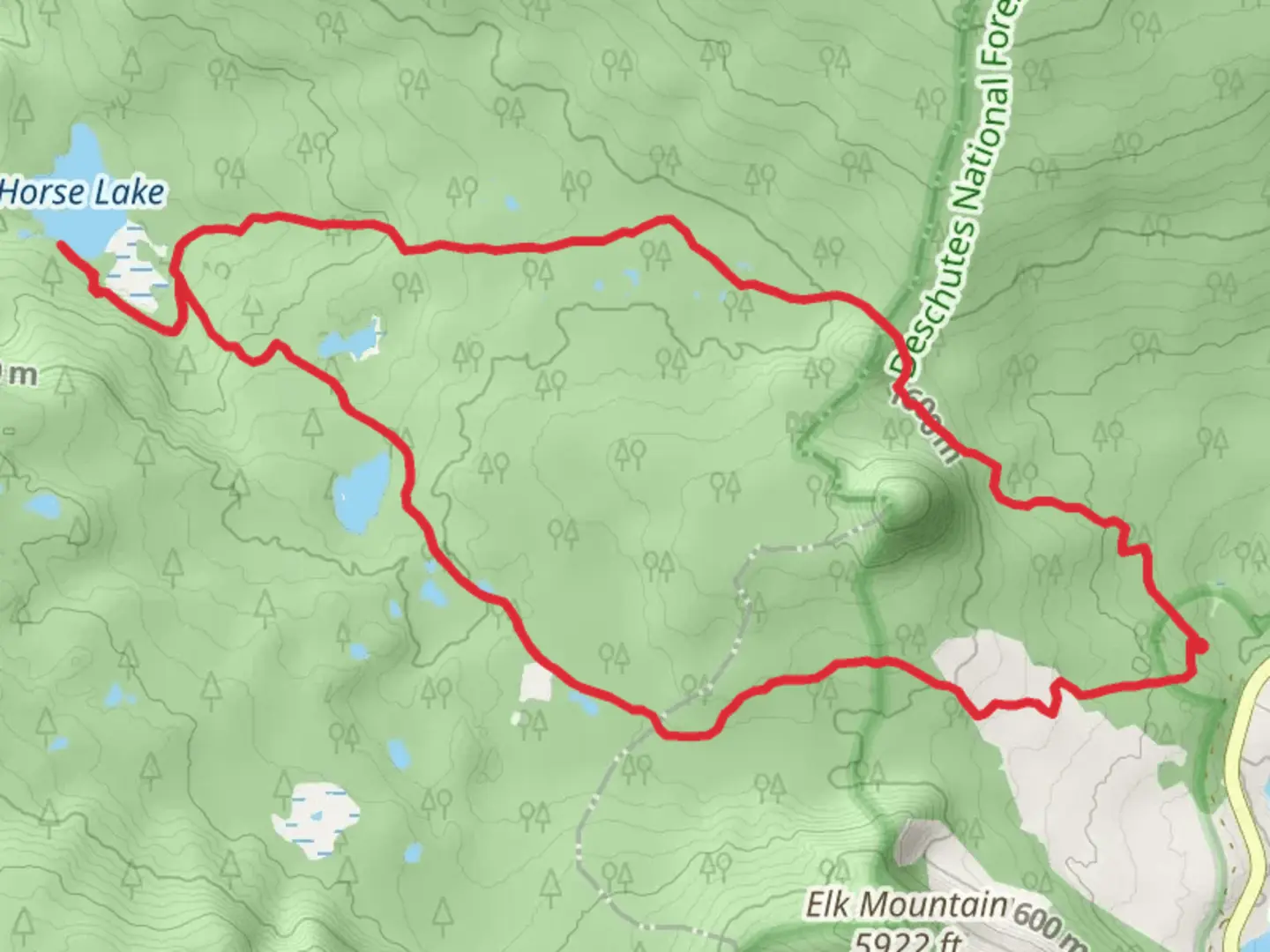 An image depicting the trail Horse Lake and Sunset Lake Loop Trail and its surrounding area.