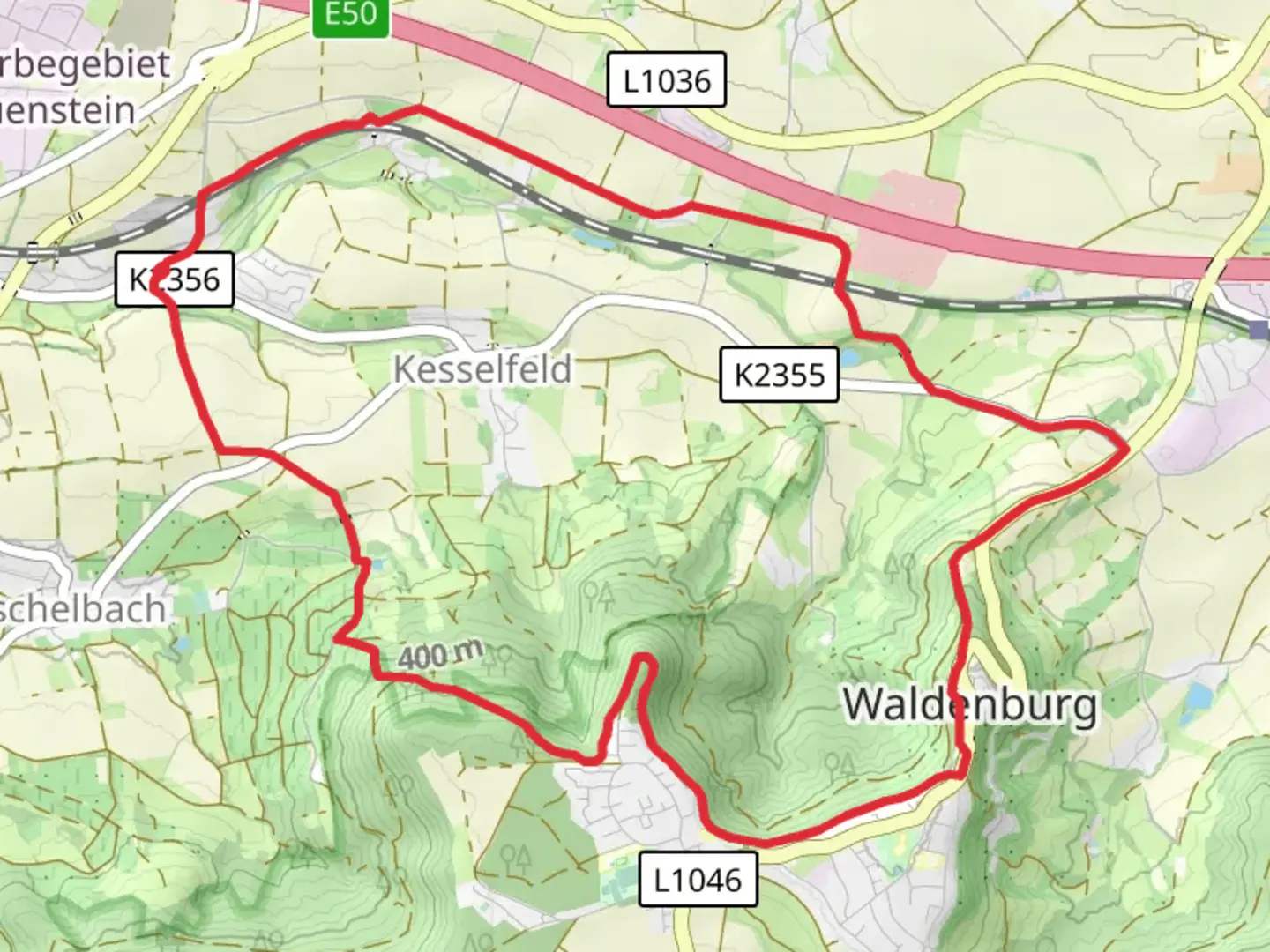 An image depicting the trail Hoehenrandweg and Waldenburg Loop and its surrounding area.
