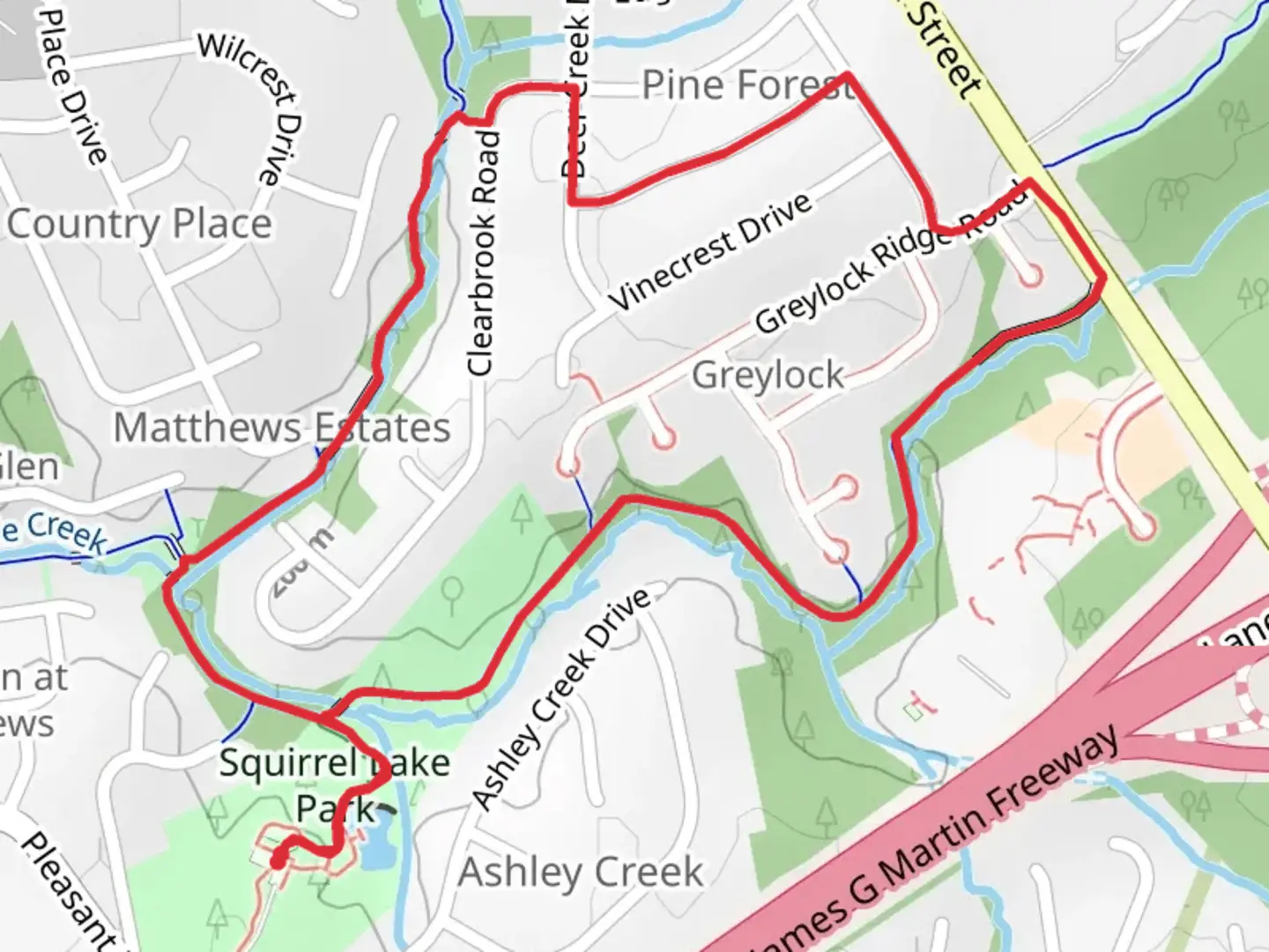 An image depicting the trail Four Mile Creek Greenway Loop - Squirrel Lake Park and its surrounding area.
