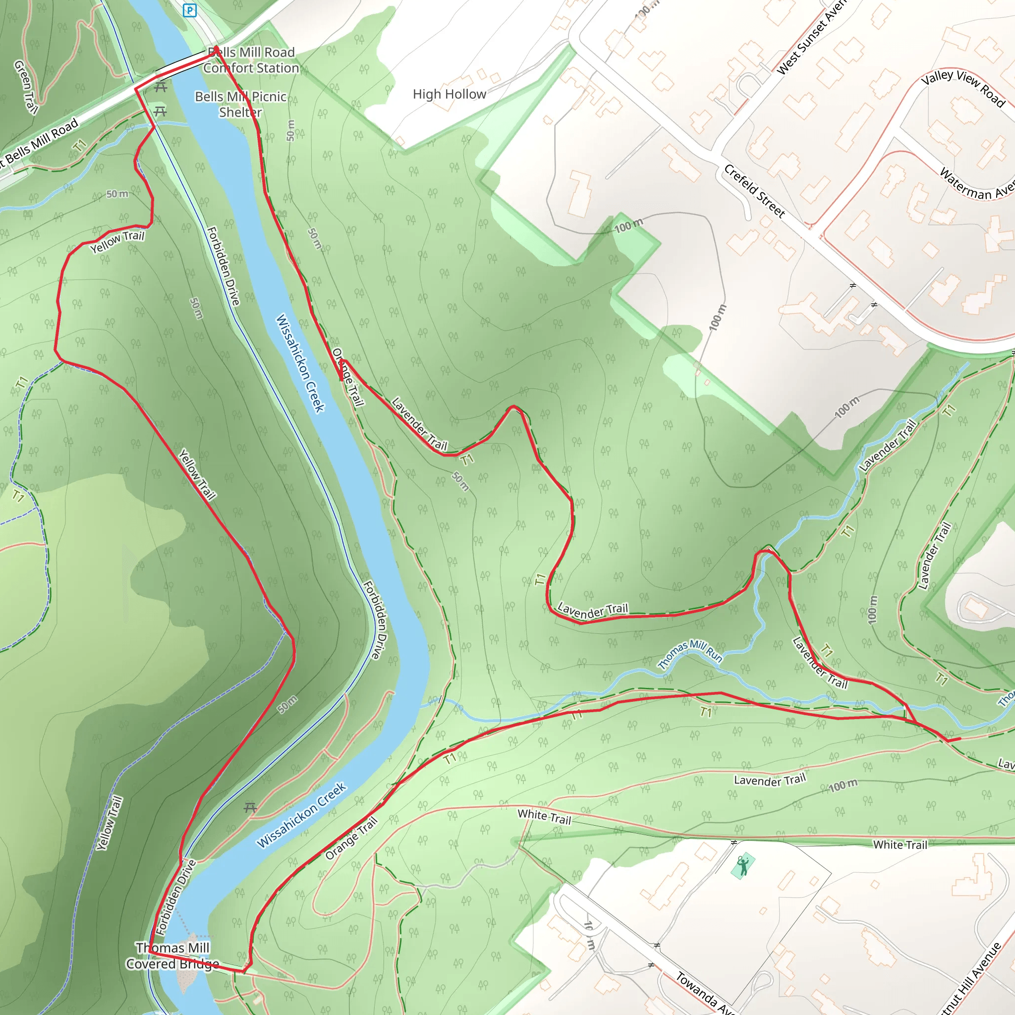 Wissahickon Creek via Lavender Trail and Yellow Trail Loop mobile static map