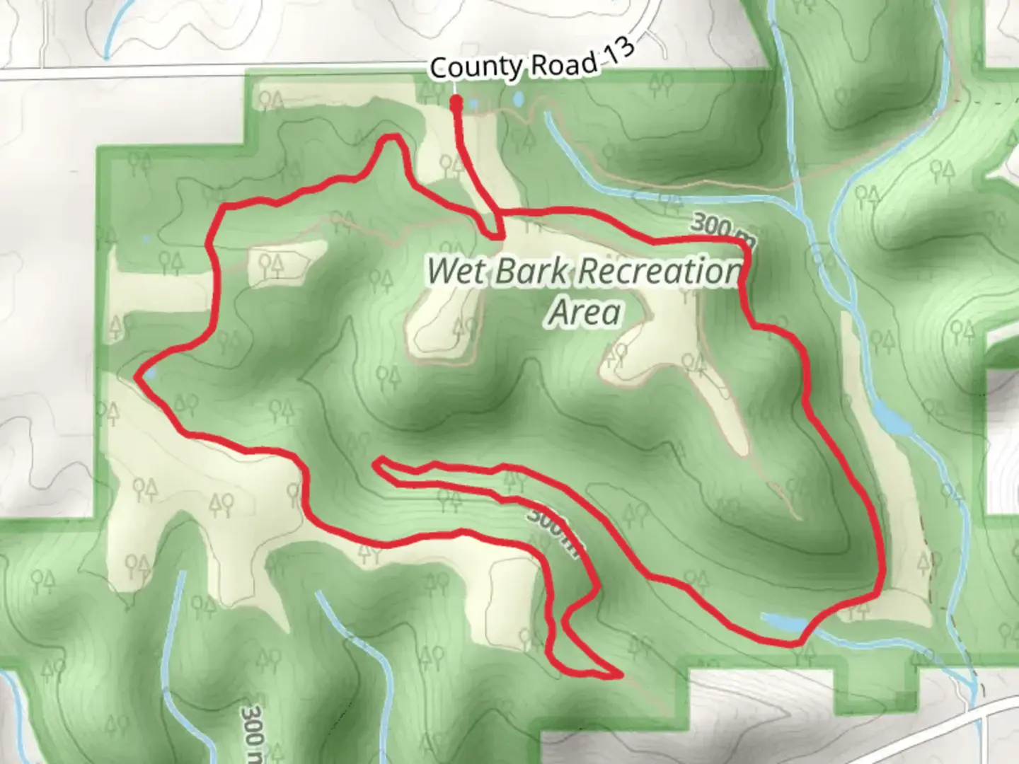 An image depicting the trail Wet Bark Recreation Area Loop and its surrounding area.