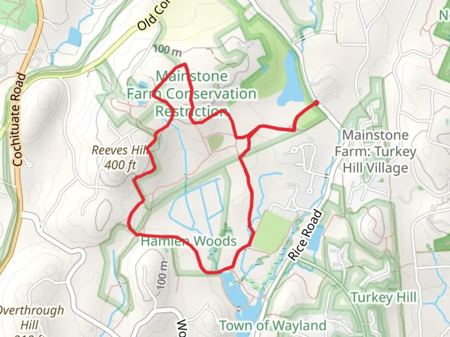 An image depicting the trail Reeves Hill and Old Wayland Reservoir Loop and its surrounding area.