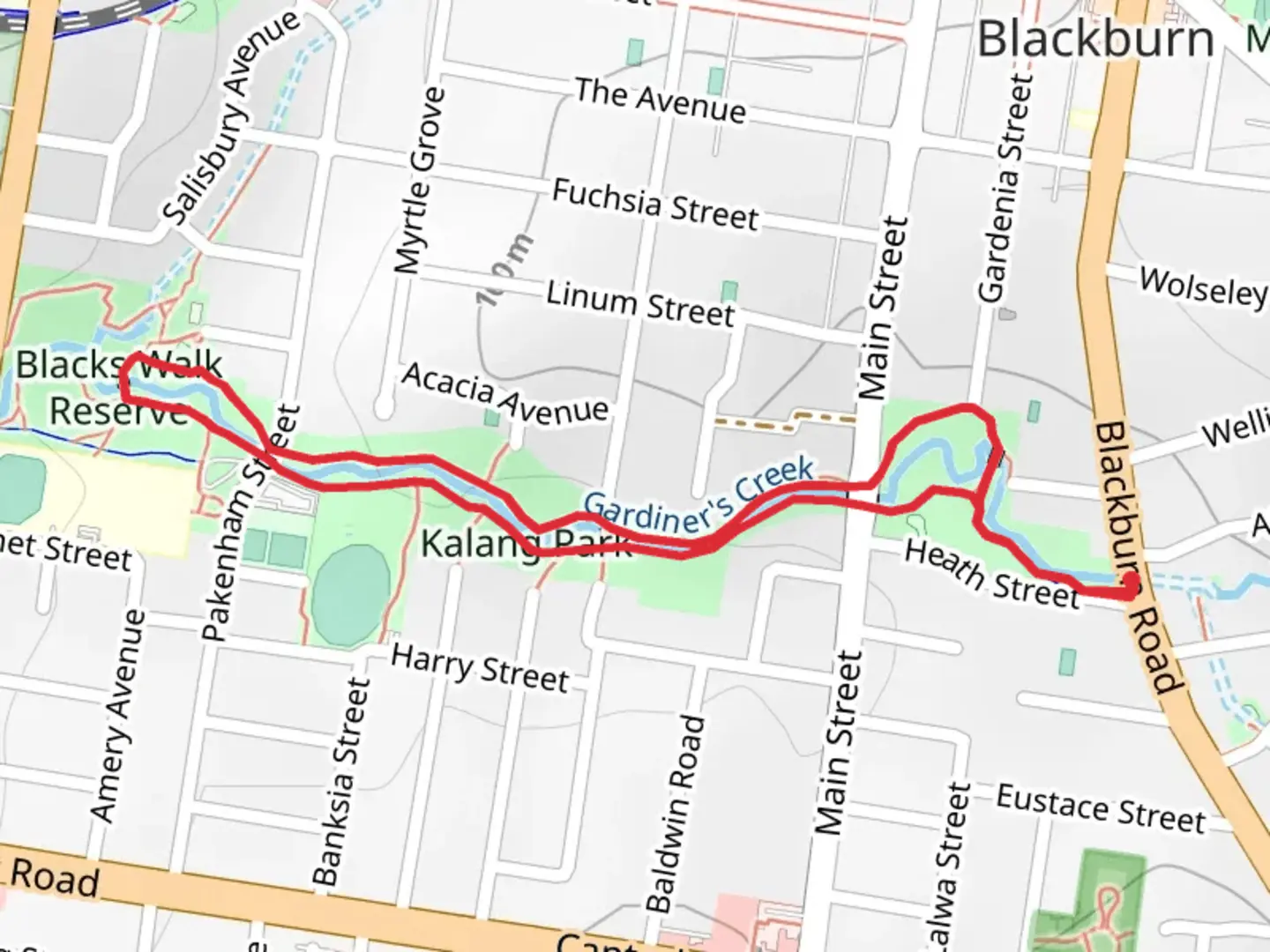 An image depicting the trail Blackburn Creeklands Walk and its surrounding area.