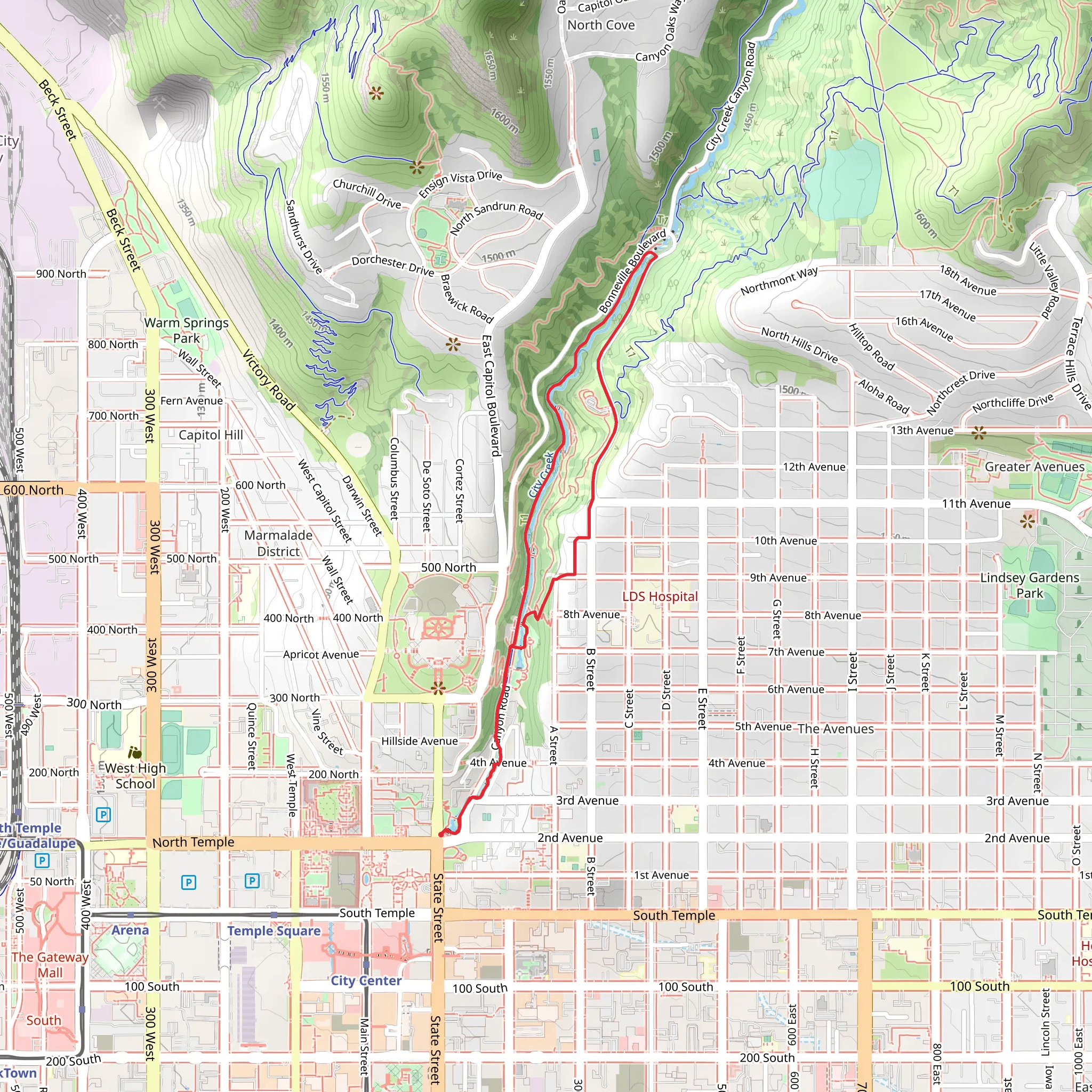 Memory Grove Park Entrance and Lower City Creek Loop mobile static map