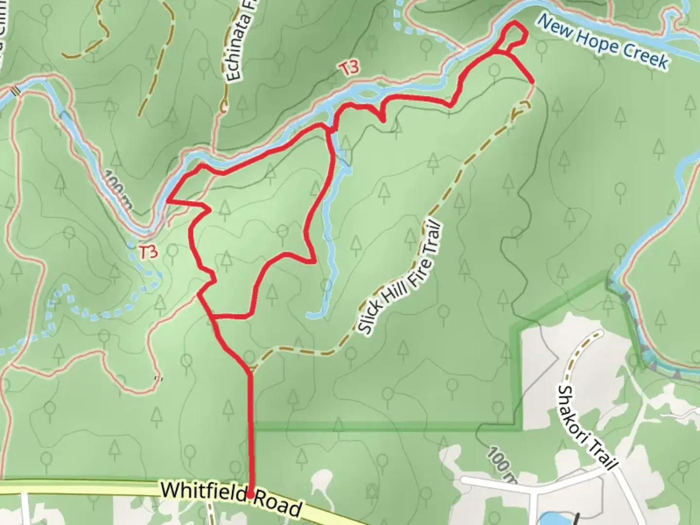 An image depicting the trail New Hope Creek, South Slick Hill and Laurel Hill Loop Trail and its surrounding area.