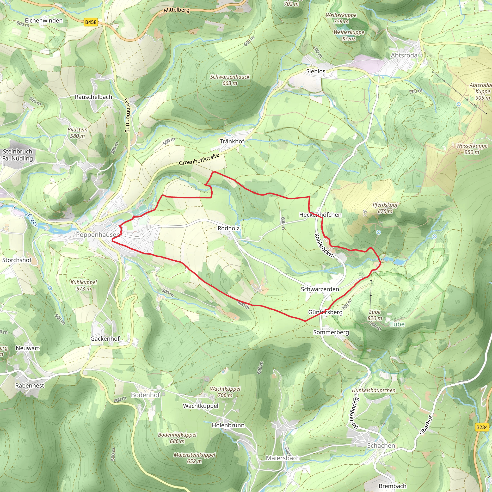 Poppenhausen - Rhoen Rundweg and Poppenhausen Wanderweg 2 mobile static map