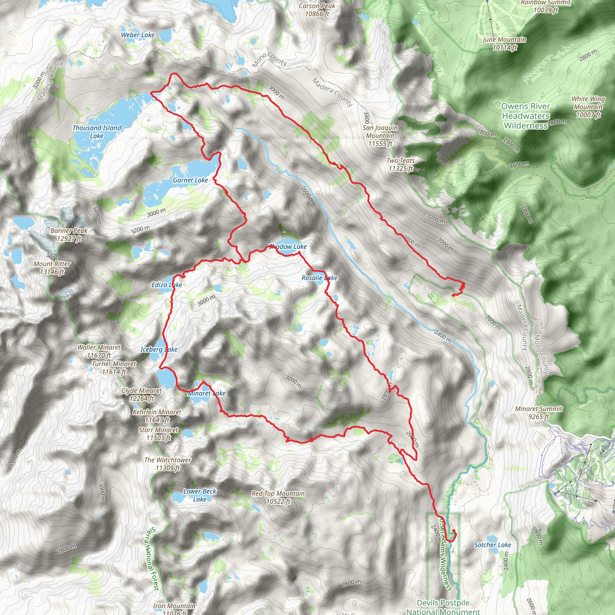 Agnew Meadows to Devils Postpile mobile static map