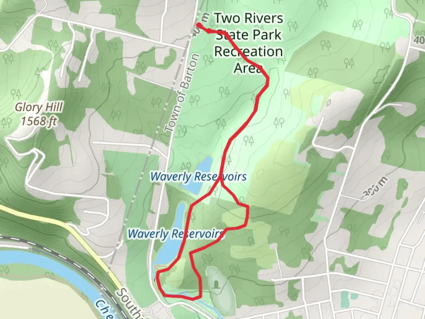 An image depicting the trail Waverly Reservoirs Loop and its surrounding area.