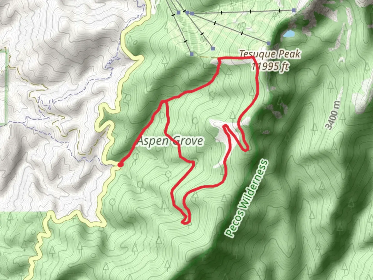 An image depicting the trail Tesuque Creek and Tesuque Peak Loop Trail and its surrounding area.