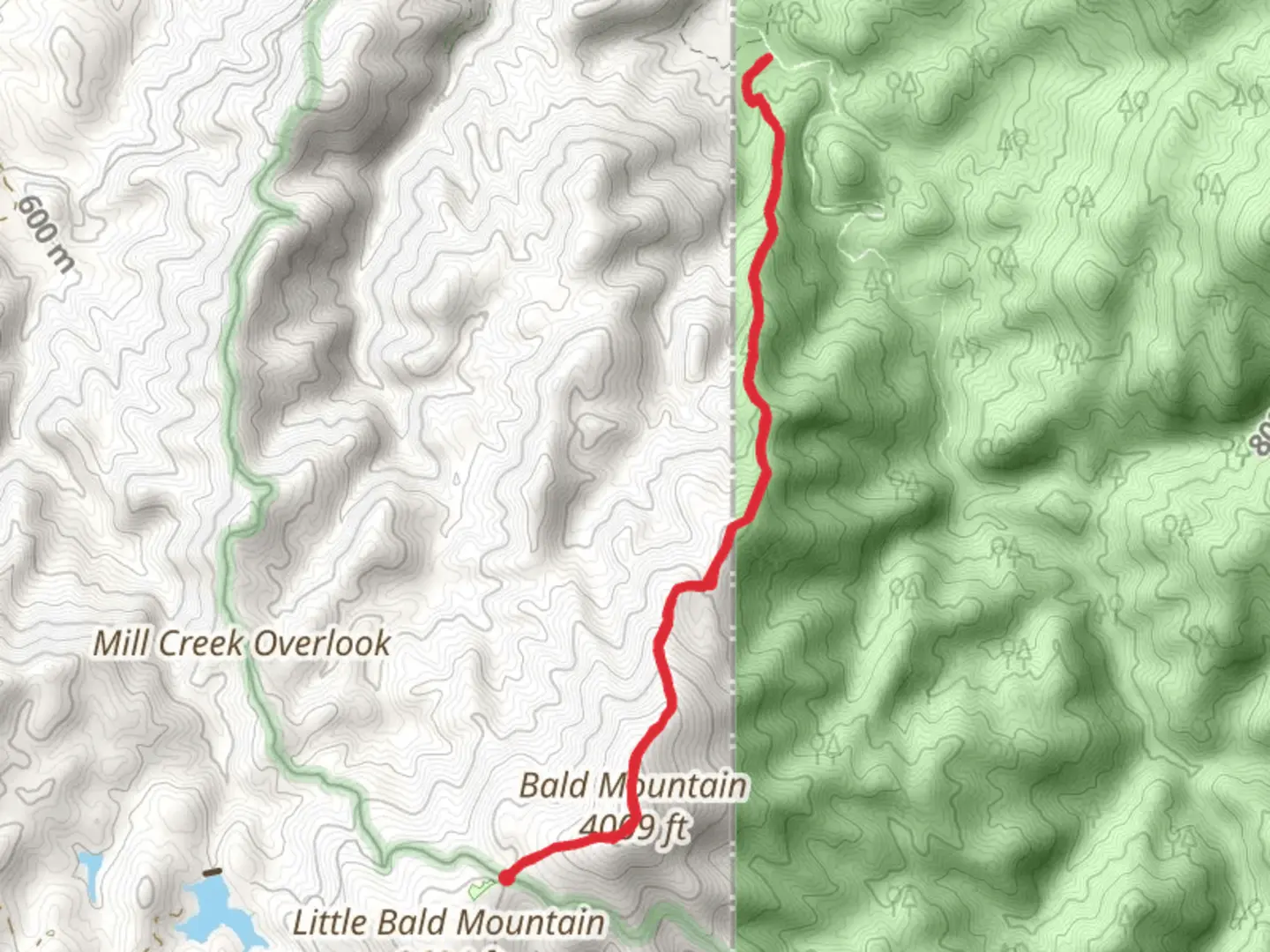 An image depicting the trail Tearbritches Creek and Bald Mountain and its surrounding area.
