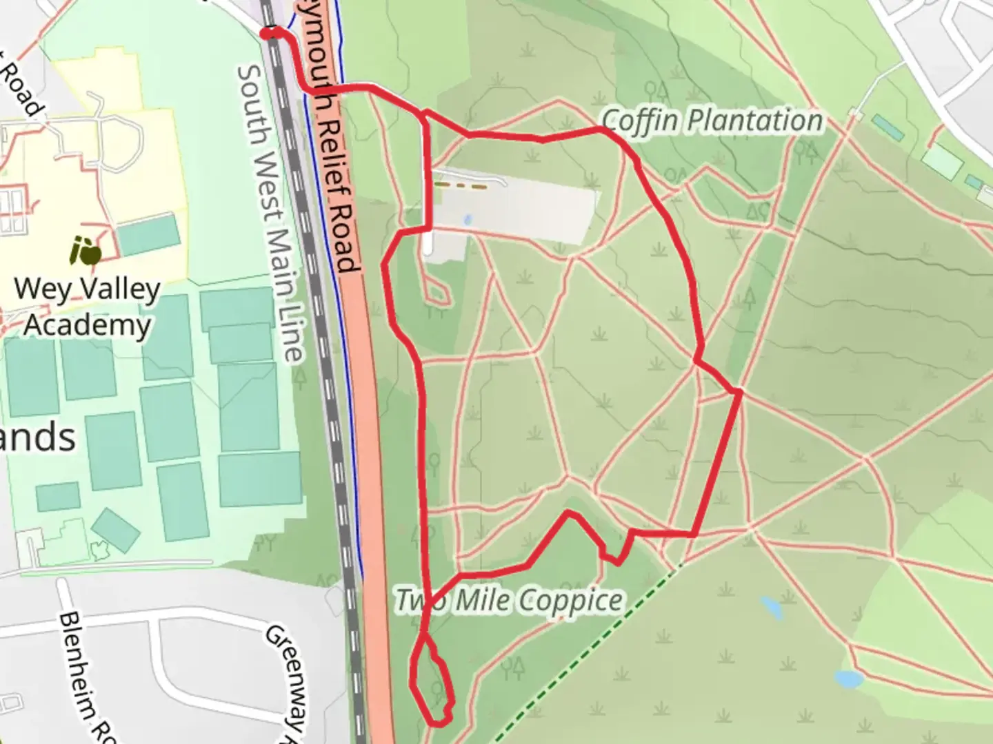 An image depicting the trail Two Mile Coppice Walk and its surrounding area.