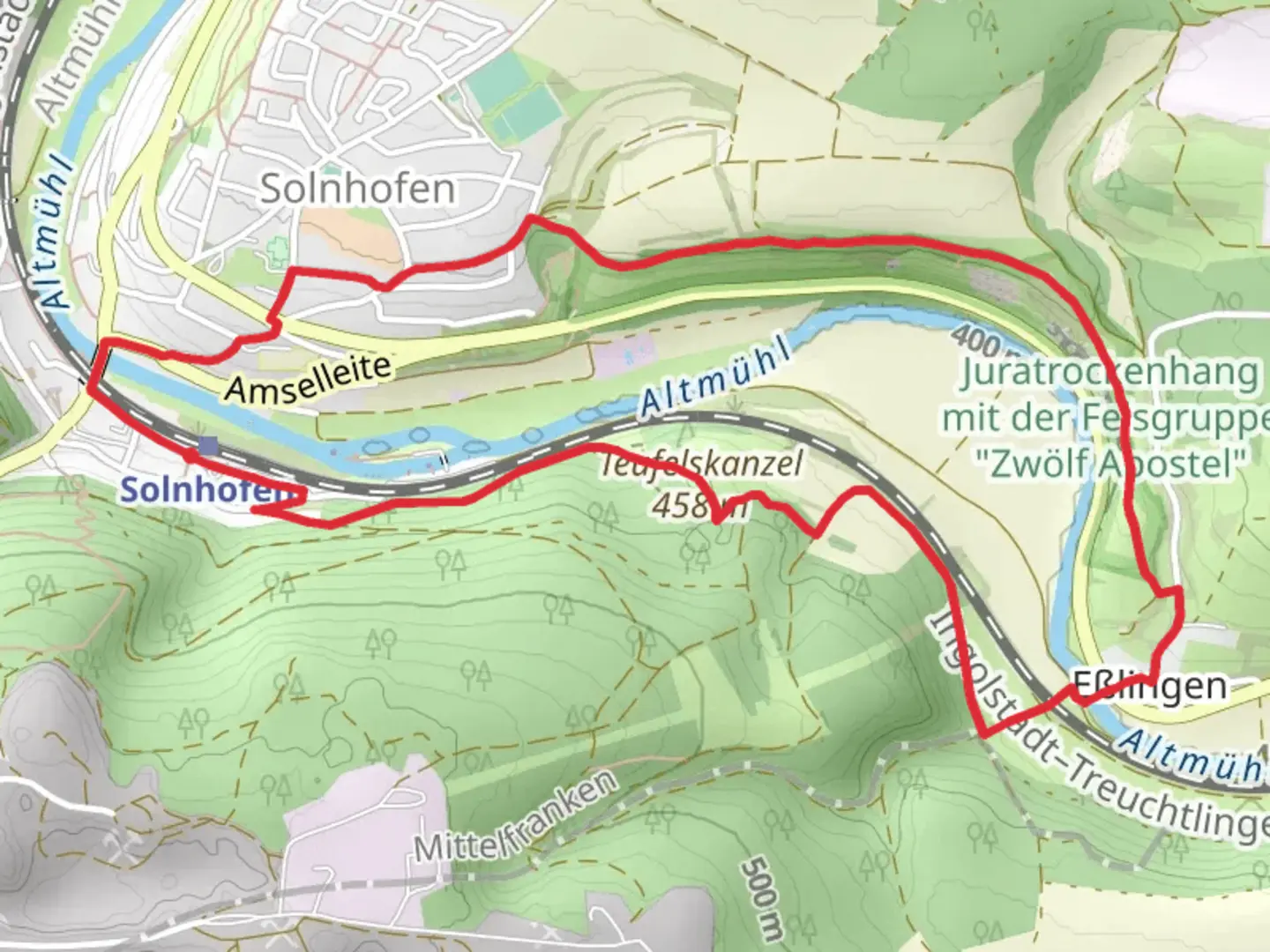 An image depicting the trail Solnhofen to Eßlingen Loop via Altmühl and its surrounding area.