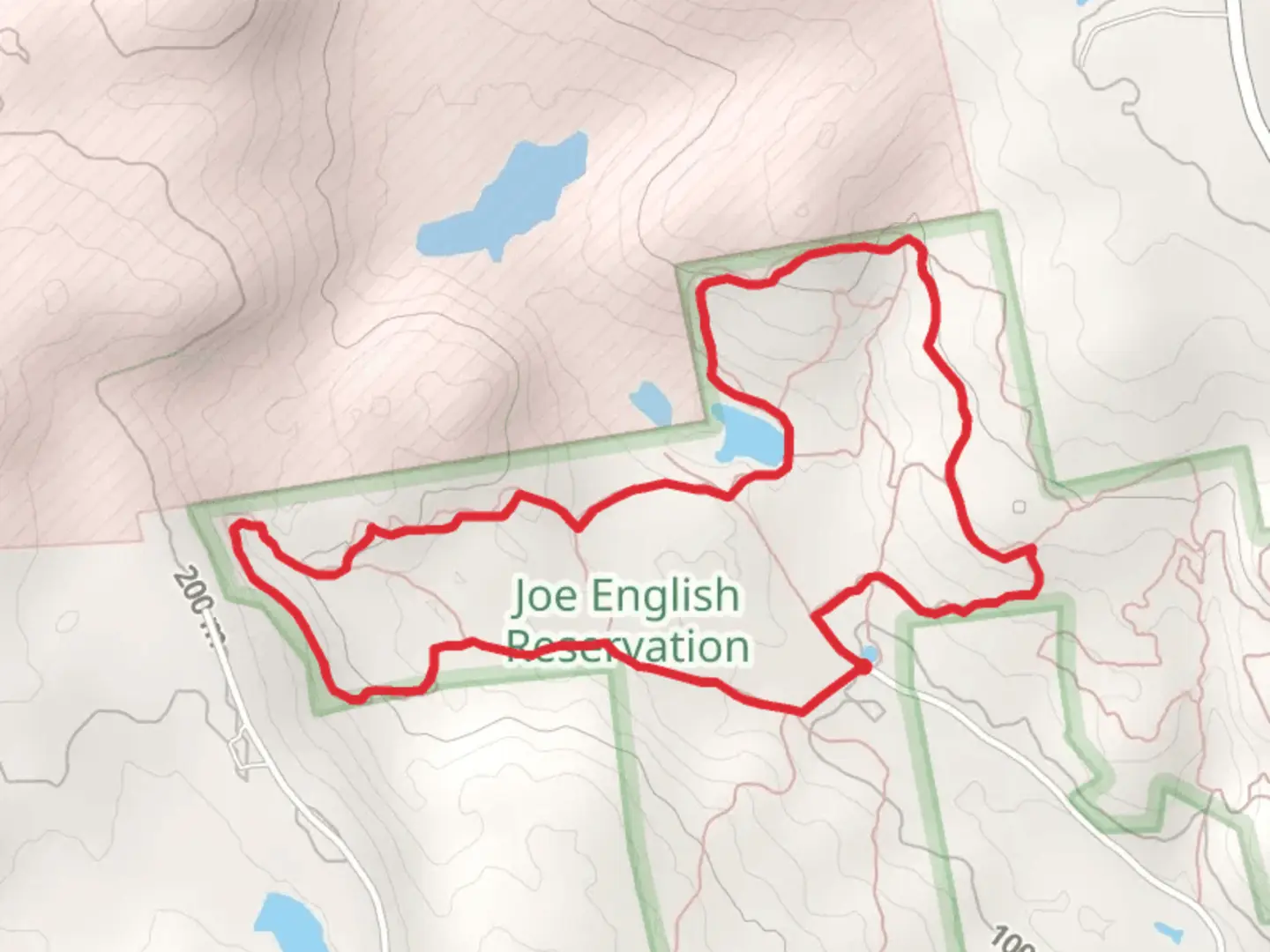 An image depicting the trail Joe English Reservation and Herb Harding Memorial Forest Loop Trail from Brook Road and its surrounding area.