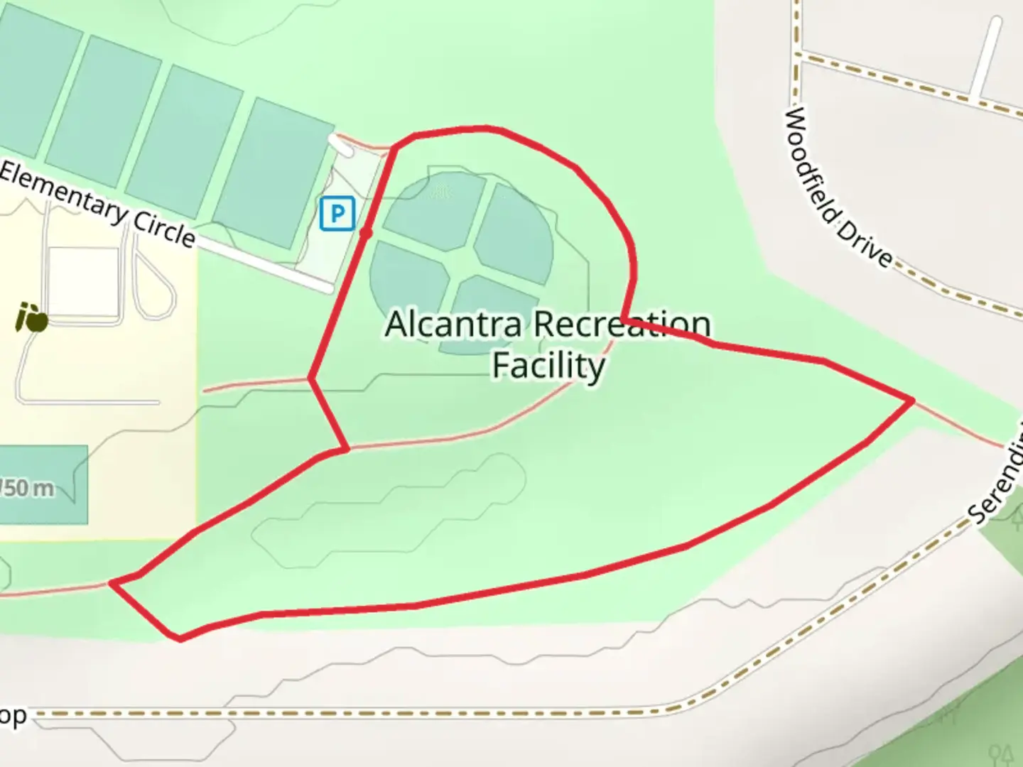 An image depicting the trail Alcantra Recreation Facility Loop and its surrounding area.