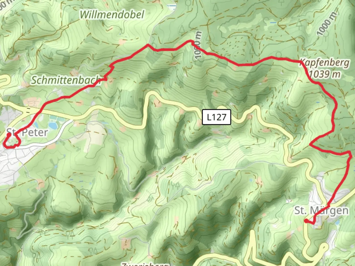An image depicting the trail Sankt Murgen to Sankt Peter via Hochschwarzwald Jakobusweg and its surrounding area.