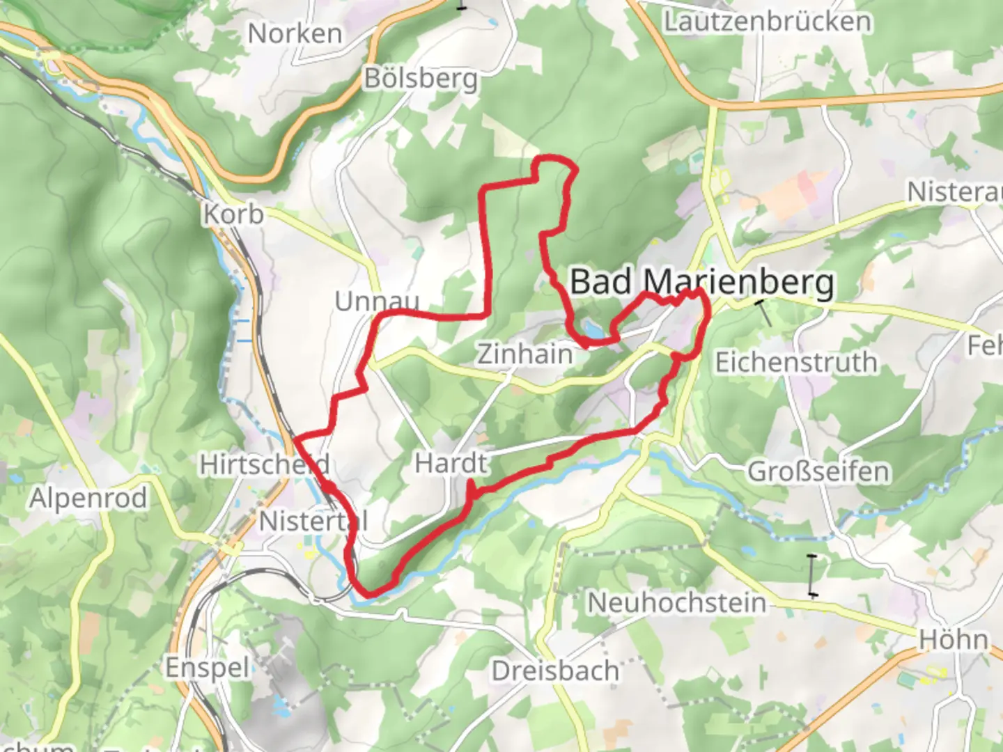 An image depicting the trail Nistertal and Basaltsteinbruch Loop and its surrounding area.