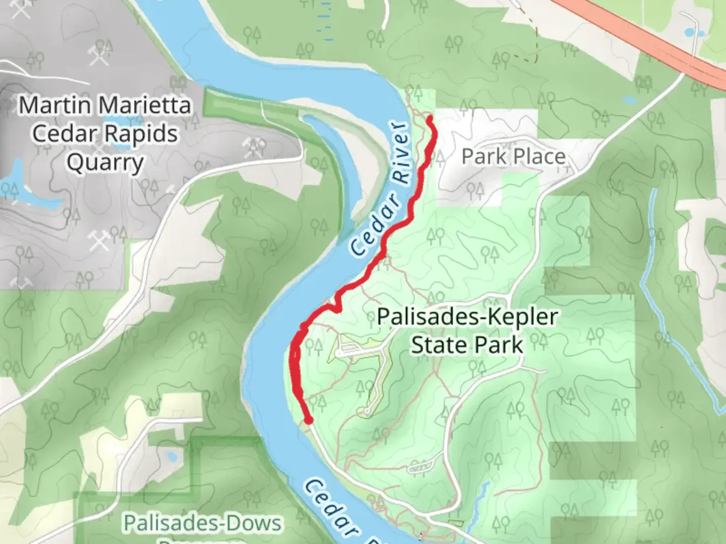 An image depicting the trail Cedar River via Cedar Cliff and its surrounding area.