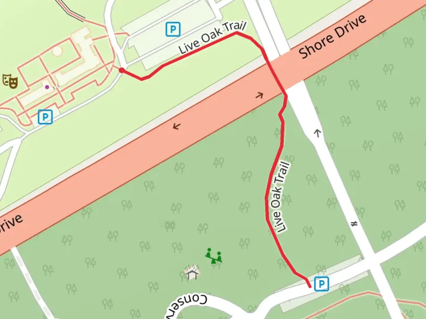 An image depicting the trail Live Oak Trail and its surrounding area.