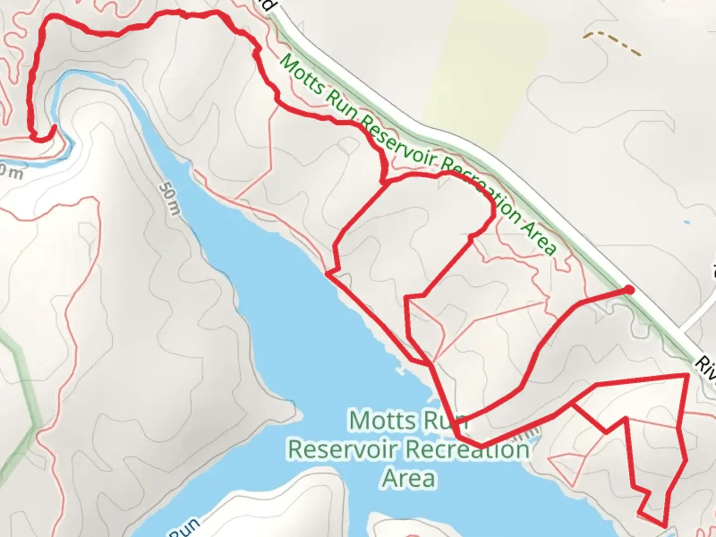 An image depicting the trail Motts Run Reservoir - Old Silo Hiking Trail,Turkey Ridge Hiking Trail and Lakeview Trail and its surrounding area.