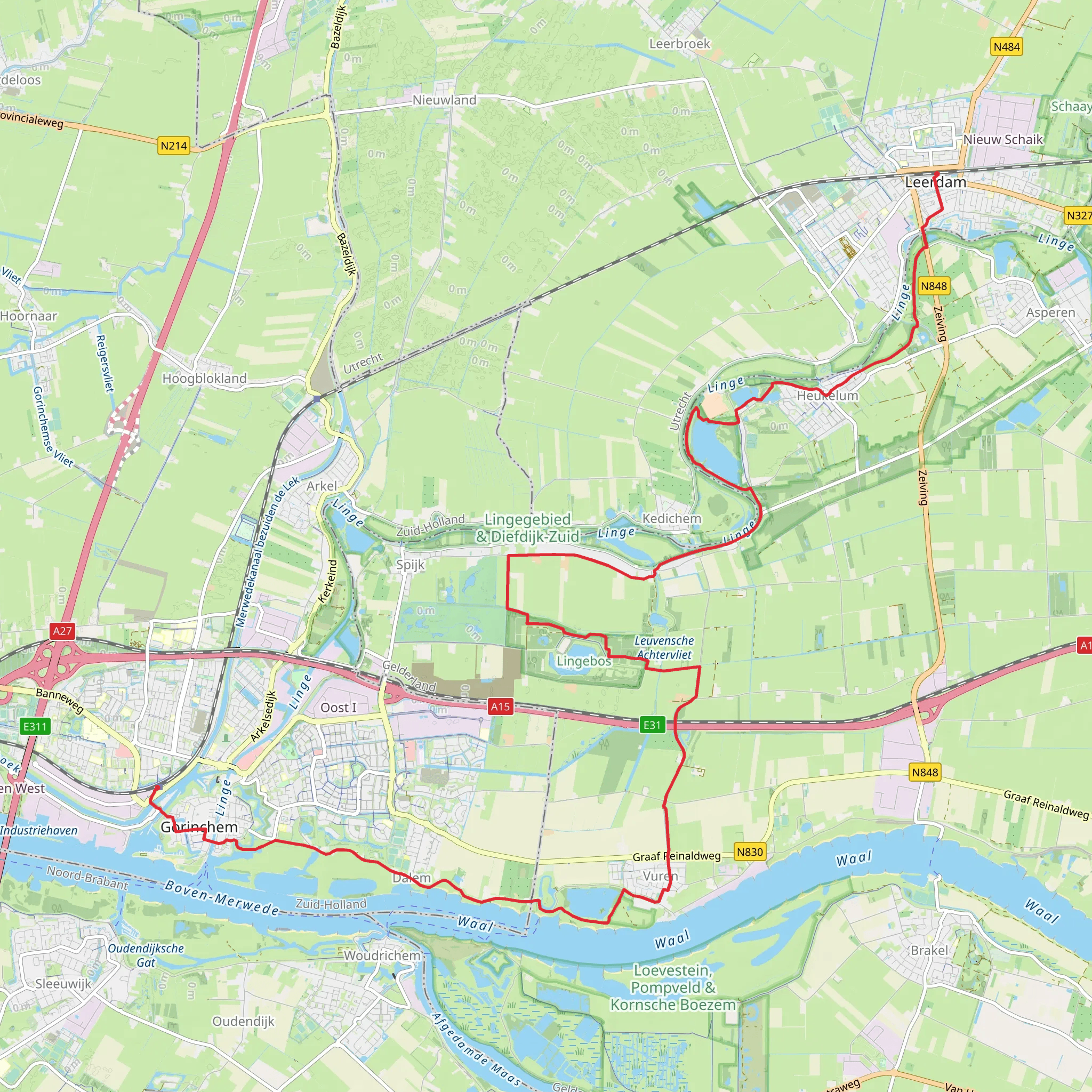 Leerdam to Gorinchem via Heukelum, Hooge Veld and River Waal mobile static map