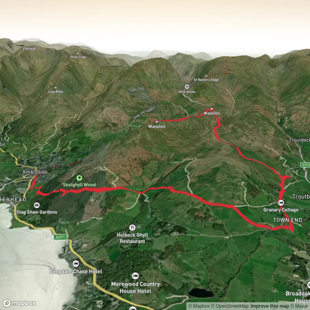 An image depicting the trail Hike from Ambleside taking in views waterfall and pub and its surrounding area.