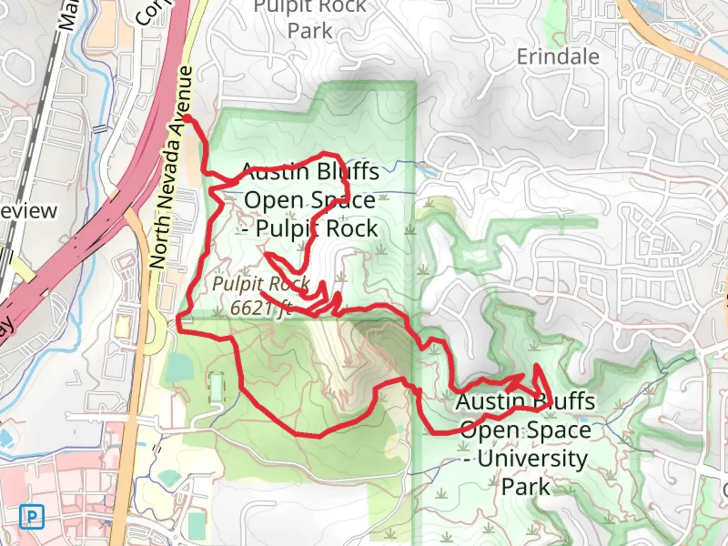 An image depicting the trail Austin Bluffs, Pulpit Rock Loop Trail and its surrounding area.