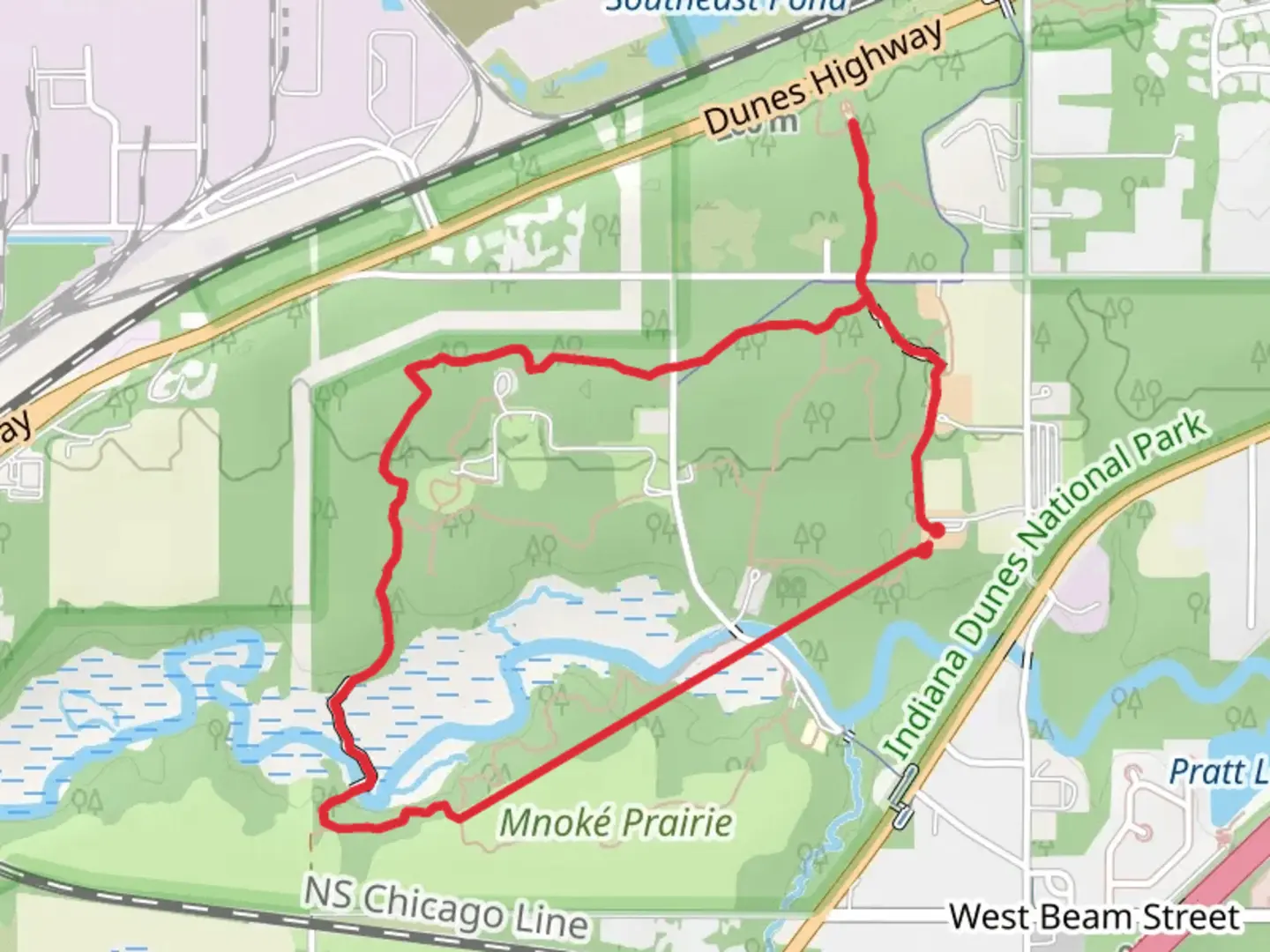 An image depicting the trail Mnoké Prairie Loop and its surrounding area.